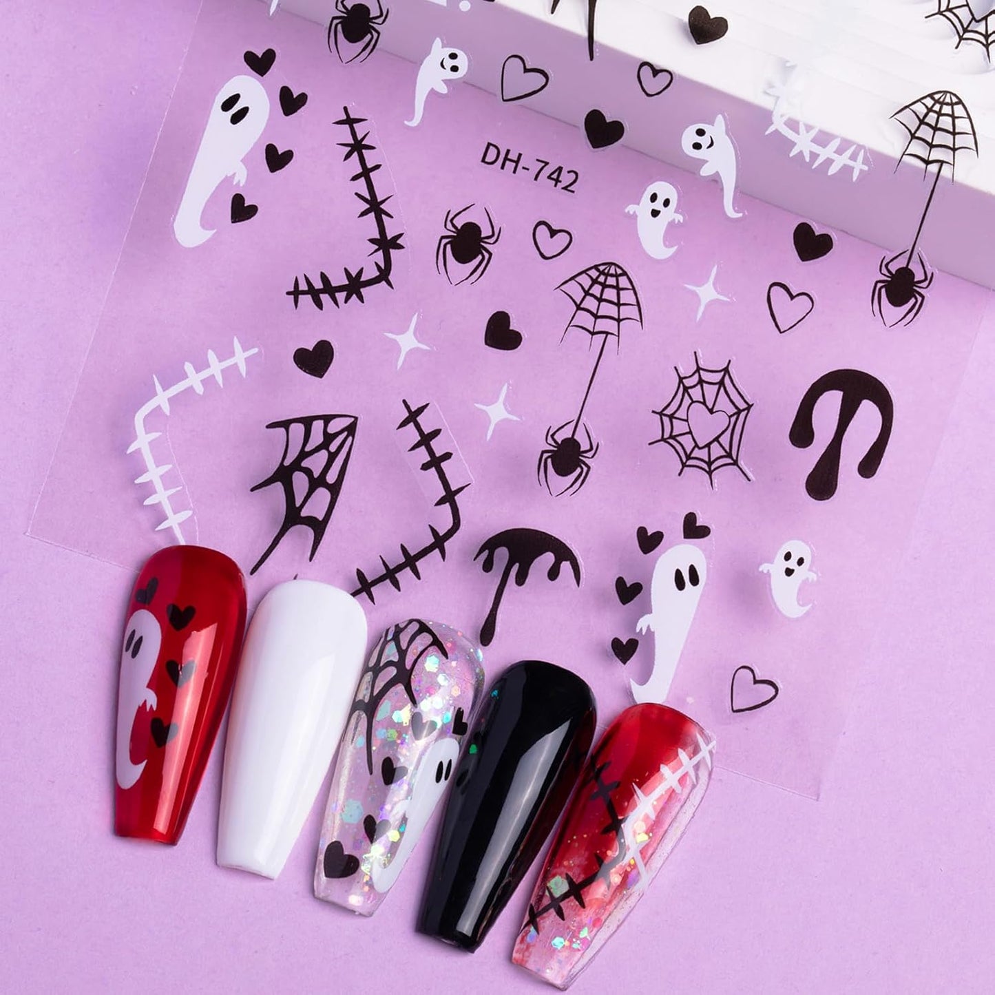 Halloween Nail Art Stickers Decals 3D Self-Adhesive Spider Ghost Web Nail Stickers 12 Sheets Cute Ghosts Nail Decals Halloween DIY Manicure Supplies for Women