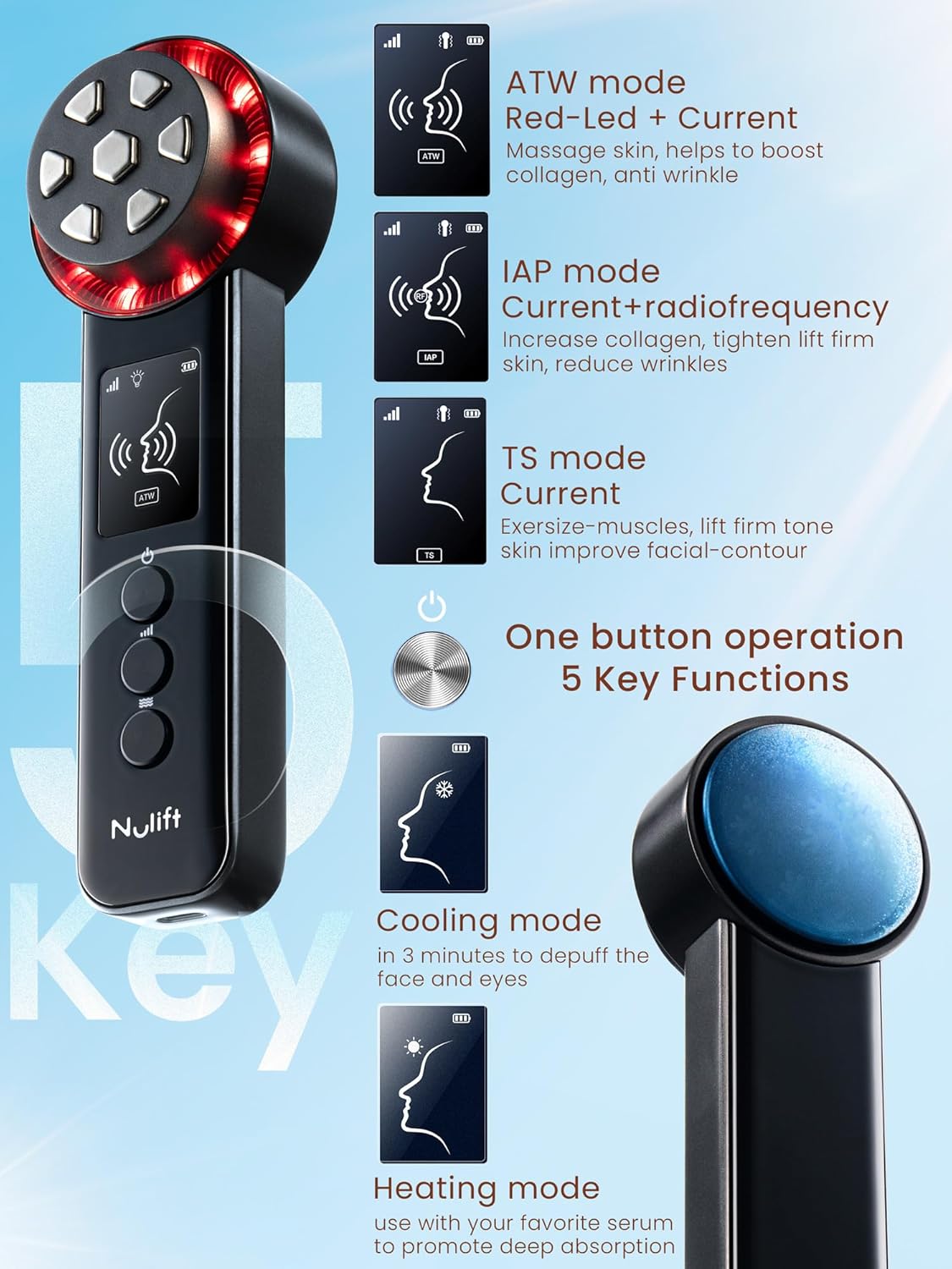 Radio Frequency Skin Tightening Device, Smart Electric Zinc Alloy Facial Beauty Machine with RF-Current Cold Heat for Jawline Lifting, Cheek Firm, Wrinkle Reduction, Depuff, Increase Absorption