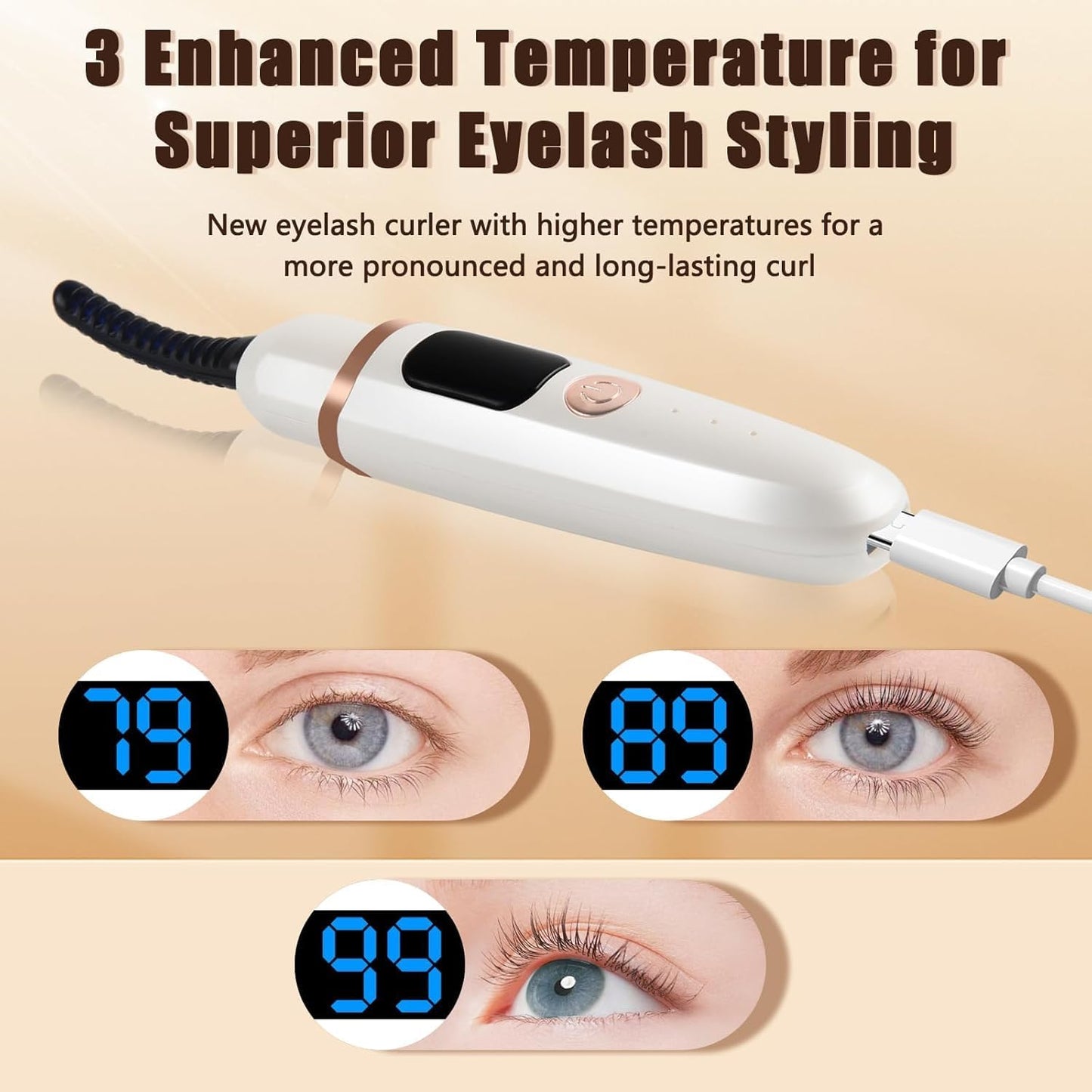Heated Eyelash Curlers with Battery Indicator, Electric Eyelash Curler 3 Temperature Modes LED Display USB Rechargeable Makeup Tools, Heated Lash Curler Ideal Gift for Women WF72