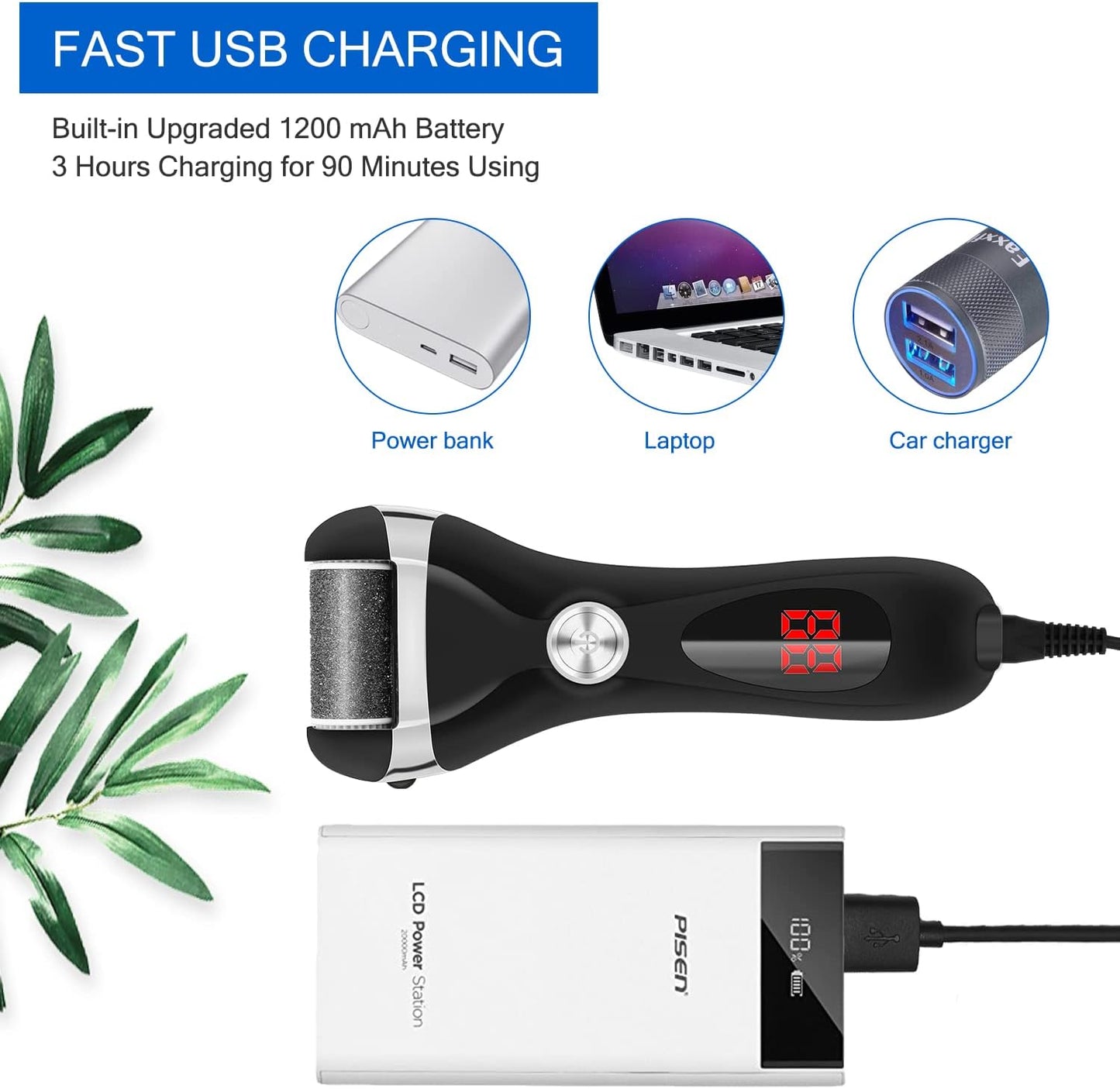 Electric Foot Callus Remover Kit, Elmchee Rechargeable Pedicure Tools Foot Care Feet File with 3 Roller Heads,2 Speed,Battery Display for Remove Cracked Heels Calluses and Dead Skin(Black)