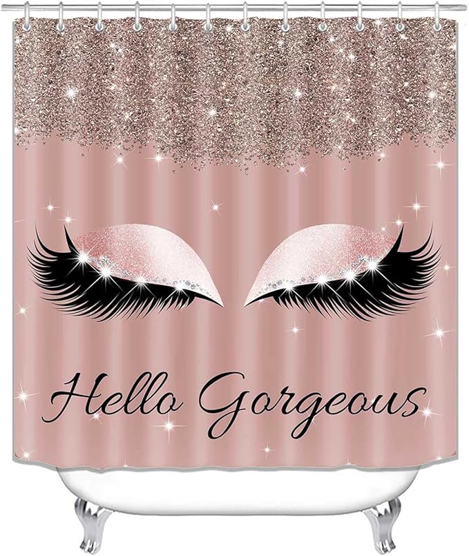 4PCS Hello Gorgeous Shower Curtain Sets with Rugs, Rose Gold Glitter Bling Glam Makeup Diamond Unicorn Eyelash Bathroom Decor, Waterproof Fabric Pink Shower Curtain Girly Gifts for Girls Women