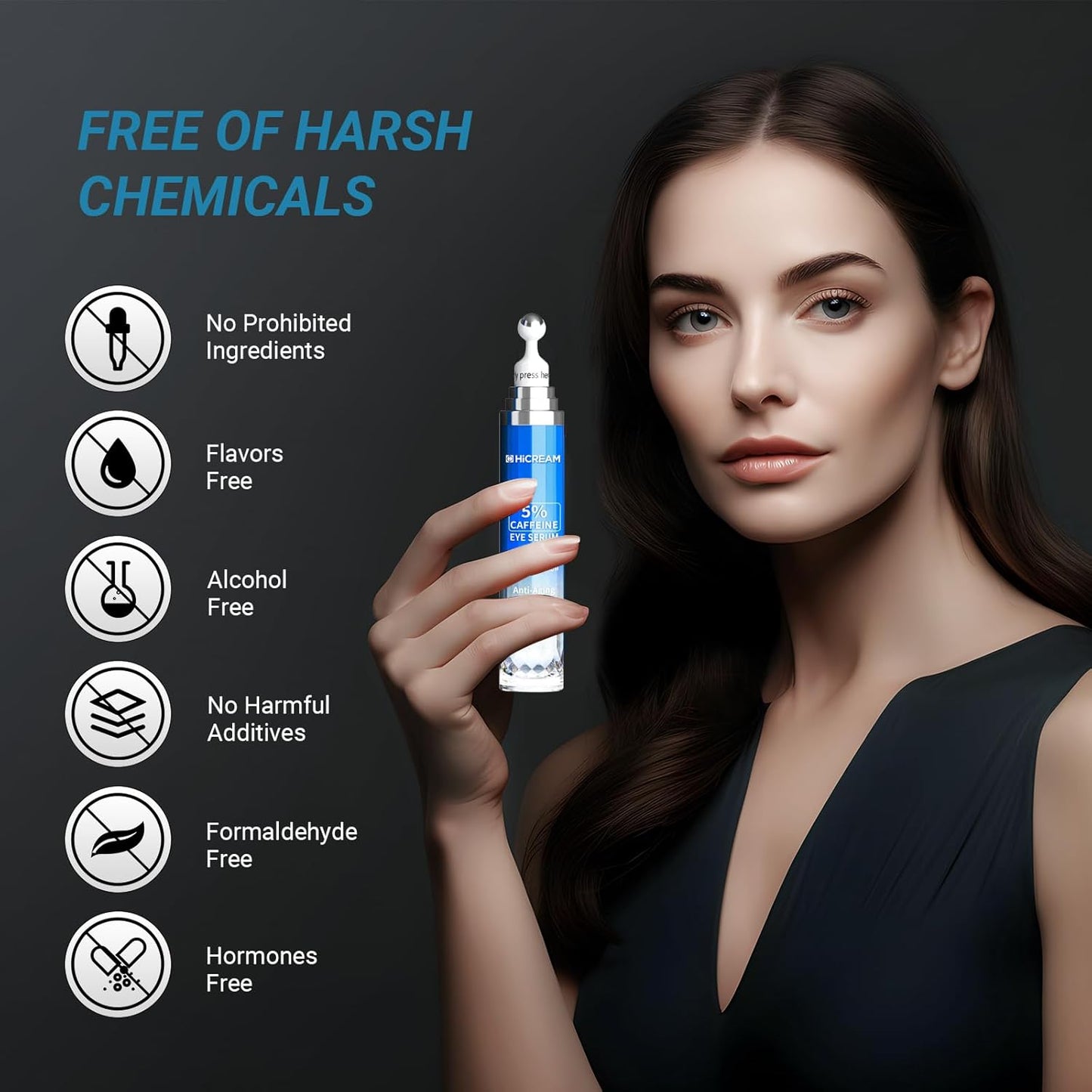 Eye Cream with 5% Caffeine Hyaluronic Acid for Puffy, Fine Lines, Dark Circles and Wrinkles, Under Eye Serum with 360° Roller Massage Ball, Eyelids Skin Care for Women & Men, 0.5 fl. oz