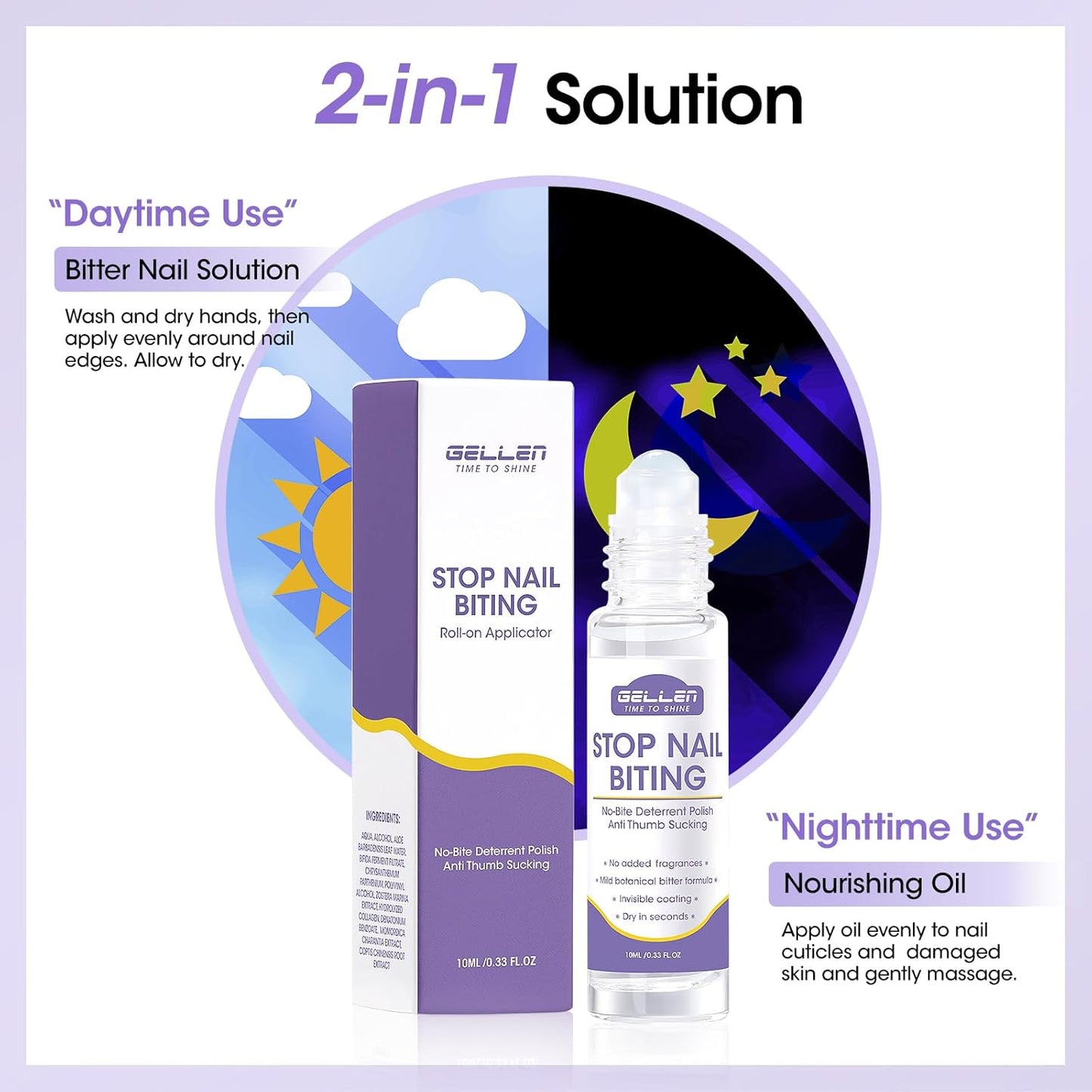 Gellen Nail Biting Treatment for Kids & Adults, Roll-On Stop Thumb Sucking Deterrent, 10ml Nail Biting Prevention, Quick Dry & Water-Resistant No Bite Nail Polish, Nail Care Solution