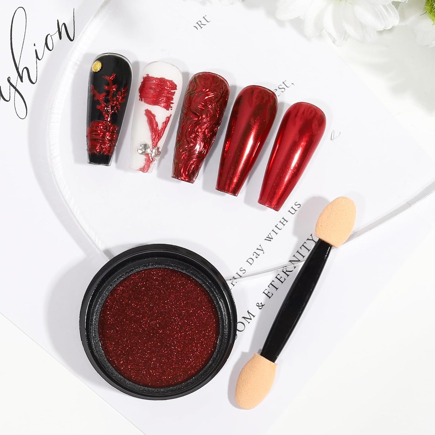 Artdone Chrome Nail Powder,Red Iridescent Aurora Powder Metallic Mirror Effect Pigment Pearlescent Mermaid Pigment Pearl Glitter Dust Kit, Nail Art Decoration, Resin Craft