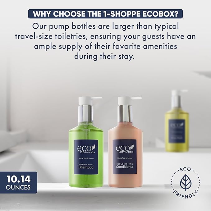 1-Shoppe Eco Botanics 20 Piece Ecobox All-In-Kit | White Tea and Honey Soap | 6 Shampoo, 4 Conditioner, 6 Body Wash & 4 Lotion | 10.14oz Hotel Soaps and Toiletries Bulk | Personal Care Products