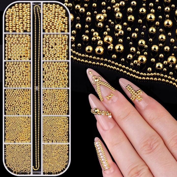 1-3MM Mini Small Nail Beads Metal Caviar Bead Gold Nail Charms and Gems Ball, Nail Chain for Nail Art Accessories Supplies Gold Rhinestones for Women Manicure