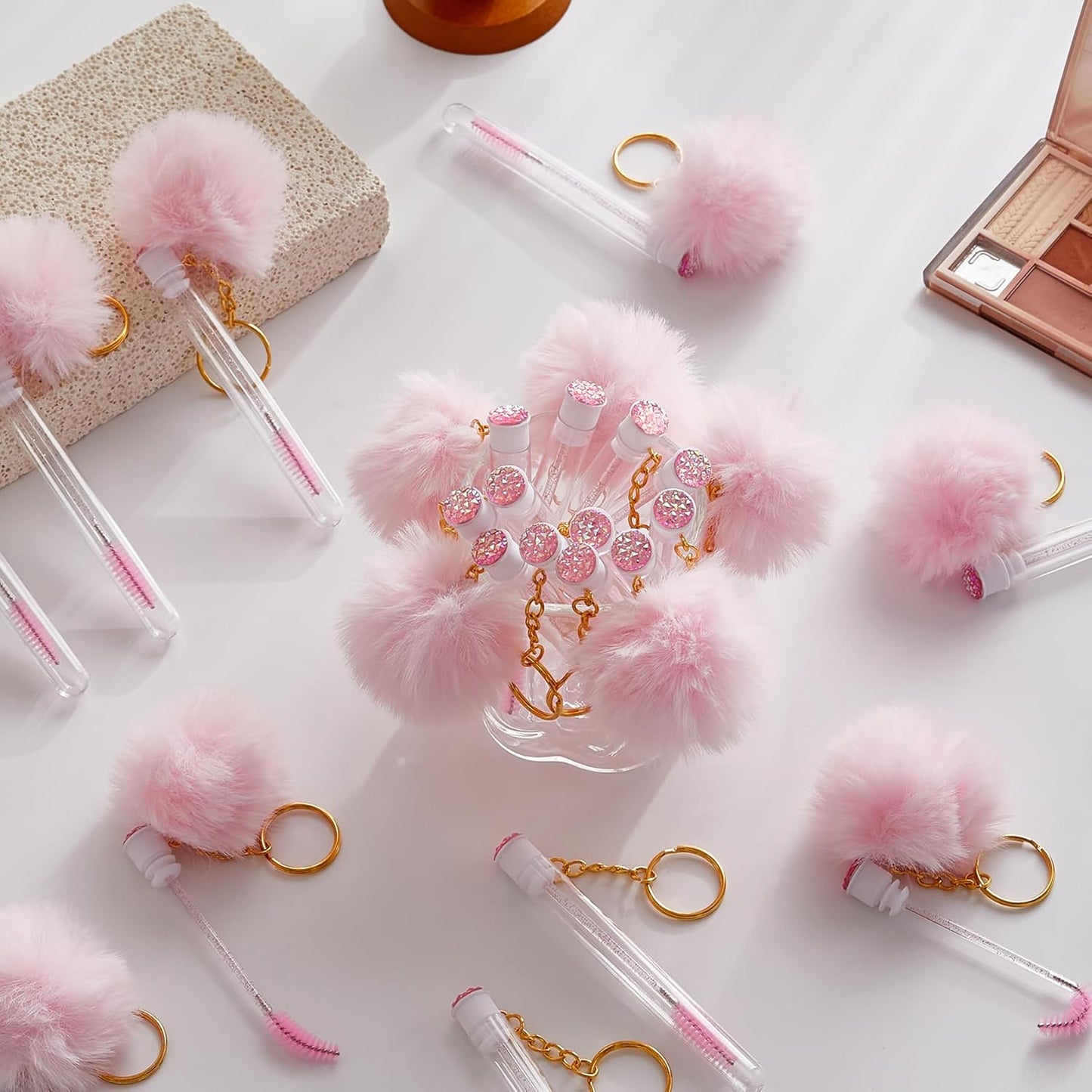 Upgrade 48 Pieces Disposable Mascara Wands Set,Include 24 Pcs Crystal Lash Spoolies Brush and 24 Pcs Reusable Keychain Empty Eyelash Brush Tubes