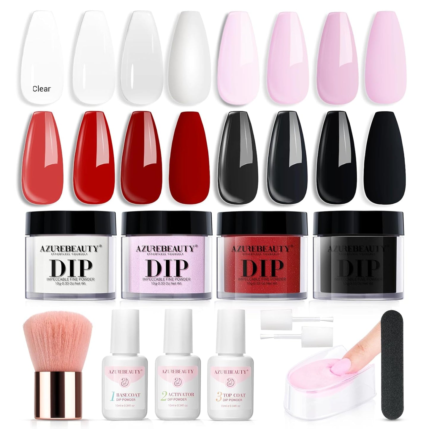 AZUREBEAUTY Dip Nails Powder Starter Kit, 4 Colors Pink Red Black Clear Dipping Powder System Liquid Set Recycling Tray with Base & Top Coat Activator Manicure Kit for Valentine's Day Gift.