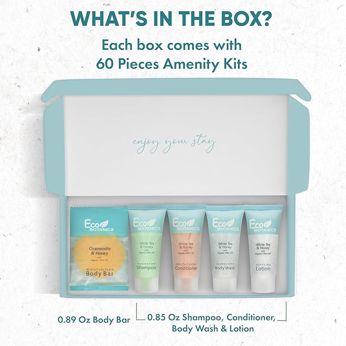 Eco Botanics Amenity Kit | Boxed Hotel Toiletries | Bulk Set .85 oz Travel Size Shampoo, Conditioner, Lotion, Body Wash & Body Bar Soap for Guest Hospitality AirBnB/Vacation Rentals | 60 sets per case
