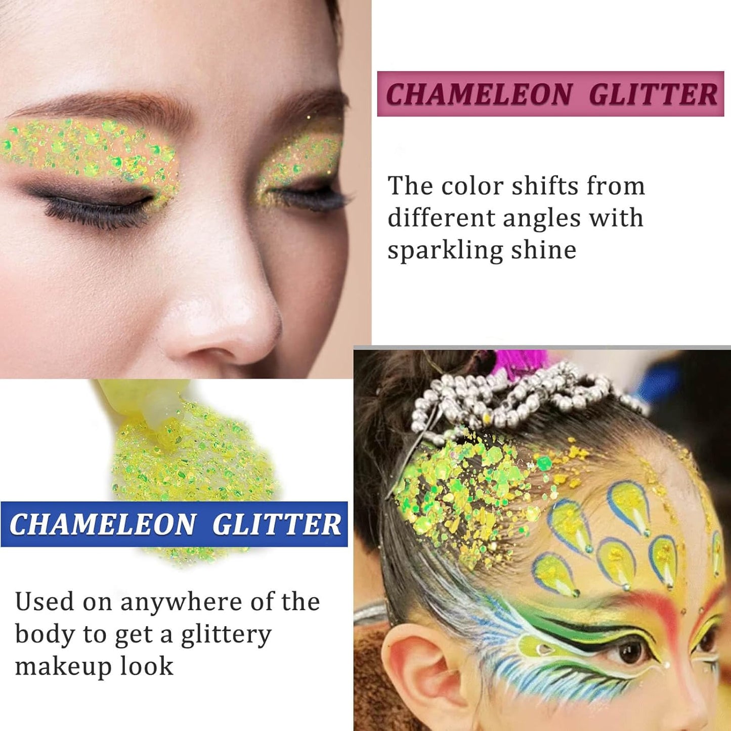 MEICOLY Chameleon Yellow Body Glitter,Chunky Face Glitter for Halloween,Color Changing Mermaid Glitter Face Paint,Holographic Glitter Sequin for Face Body Hair,Festival Party Cheer Glitter Makeup,50ml