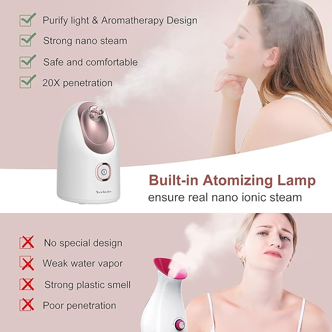 Newbealer Facial Steamer, Mini Aroma Face Steamer, Nano Ionic Hot Mist Face Humidifier for Facial Deep Cleaning, Home Sauna Spa Sprayer with 9 Pieces Acne Remover Kit (White-Gold, 160 ML)