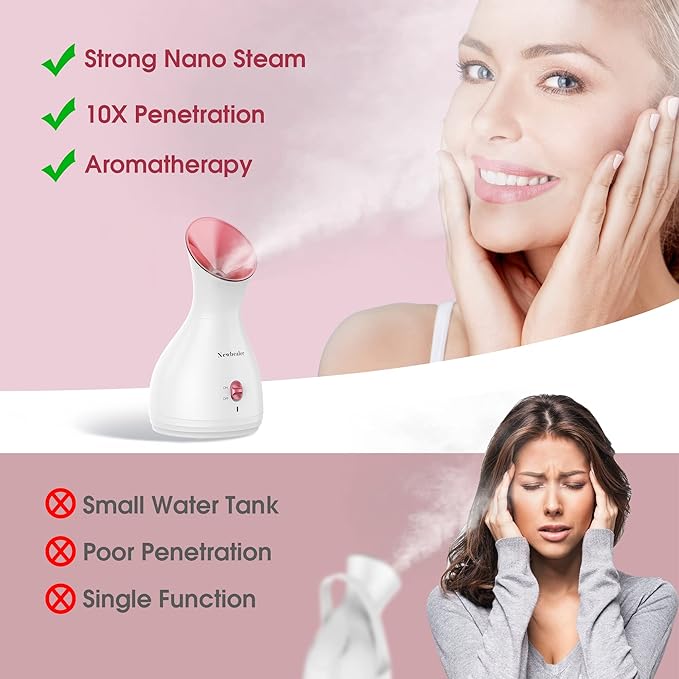 Newbealer 2in1 Facial Steamer, Hot Mist Facial Aromatherapy Humidifier Atomizer, Large Face Steamer Unclogs Pores Sinuses Moisturizing, Home Sauna Spa with Eyebrow Set (Red, 170ml)