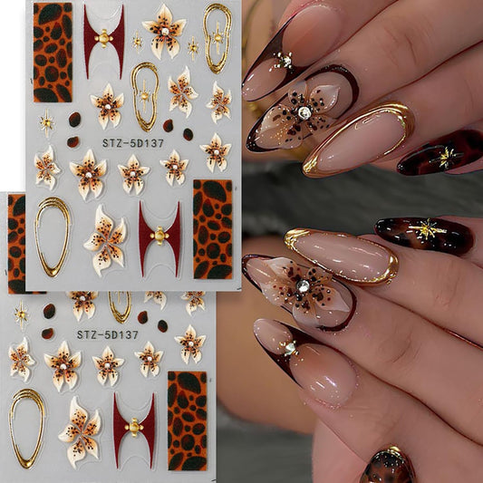 Fall Nail Stickers Leopard Flower Nail Decals Autumn Nail Art Supplies 5D Embossed Self Adhesive Leopard Print Floral Nail Design Supplies Brown Fall Stickers for Women DIY French Manicure Accessories