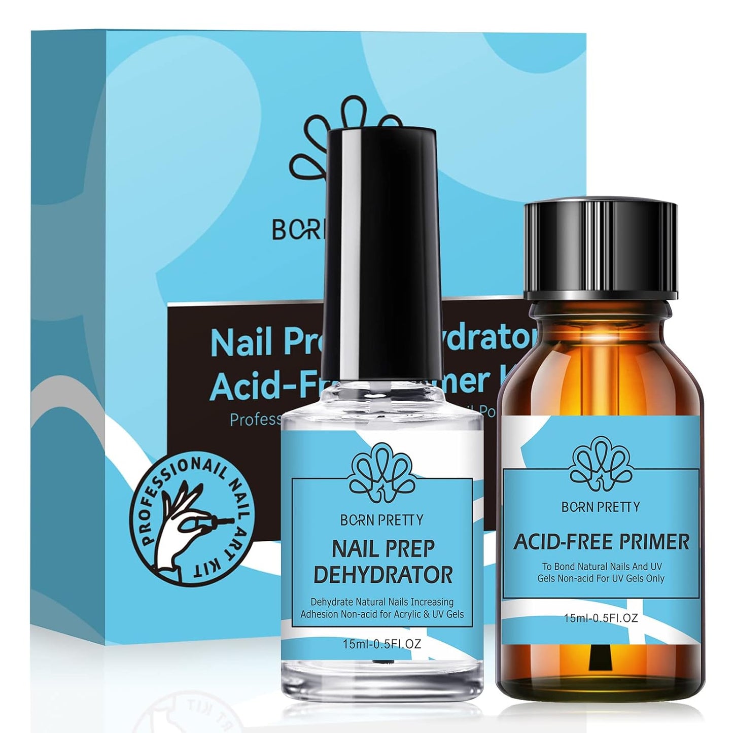 BORN PRETTY Natural Nail Prep Dehydrate and Bond Primer Acid-Free,15ml Dehydrator for Acrylic and Gel Nail Polish, Non Acid Primer for UV Gels Fast Dry Superior Bonding Agent Gift Box Set