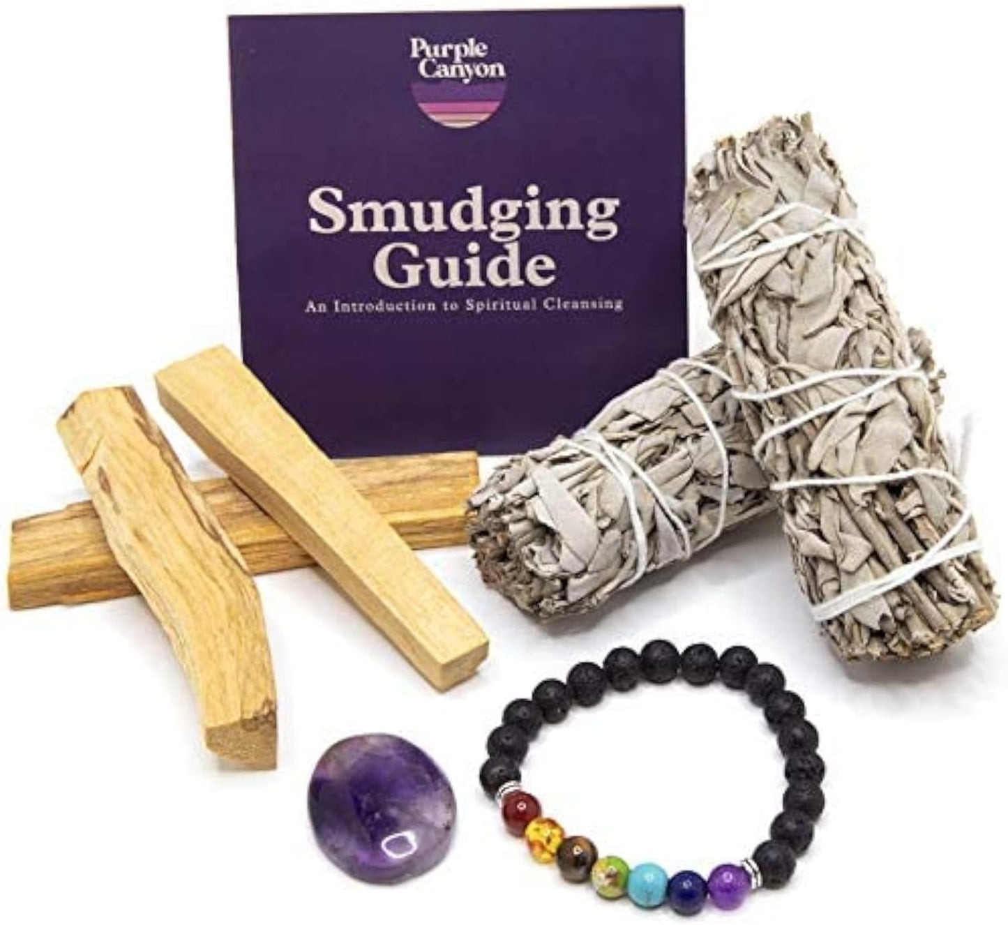 Palo Santo and Sage Smudge Kit | White Sage Smudge Sticks, Chakra Balancing Bracelet and Amethyst Stone | California Sage Incense Sticks for Home Cleansing, Spiritual Smudging Rituals and Meditation