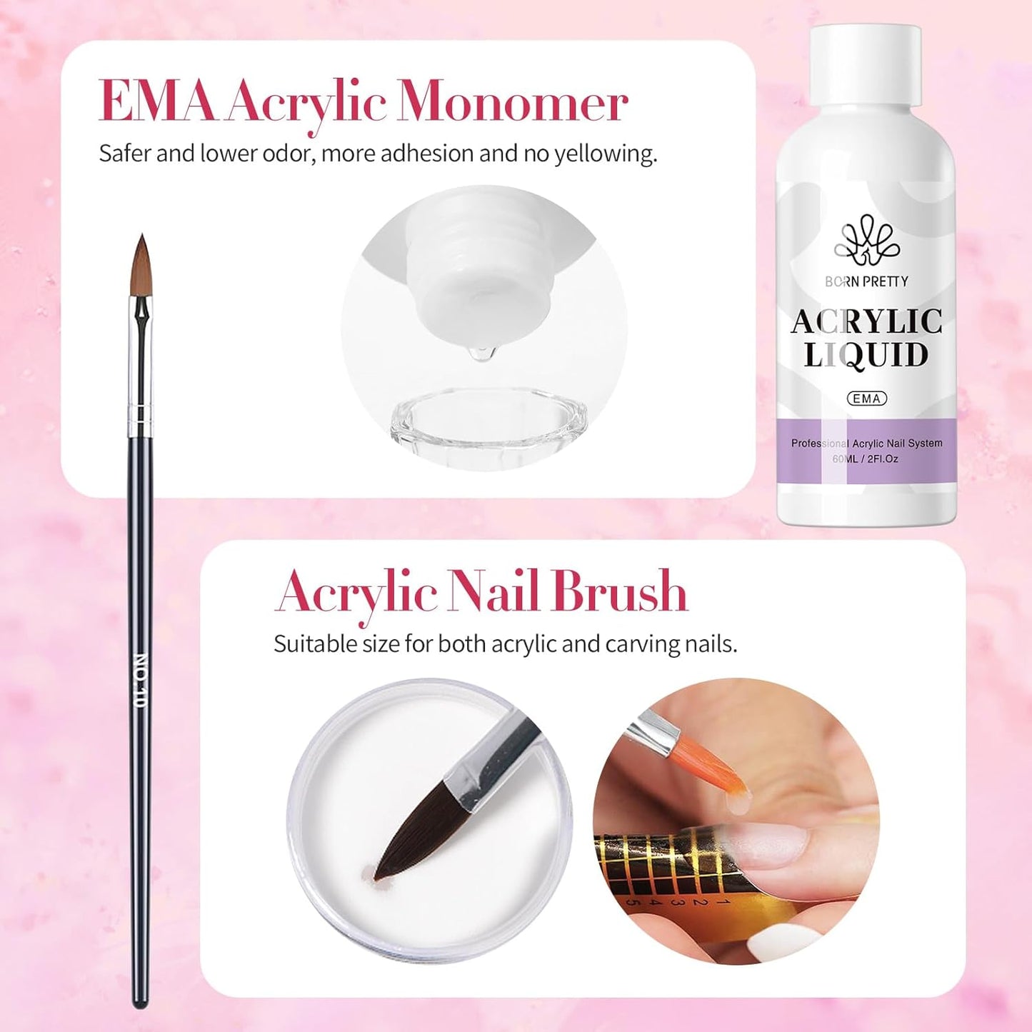 BORN PRETTY Acrylic Nail Kit - Acrylic Powder (Clear, White, Pink) & Liquid Set with Nail Forms, Brush Pen, File & Glass Container - Beginner Friendly