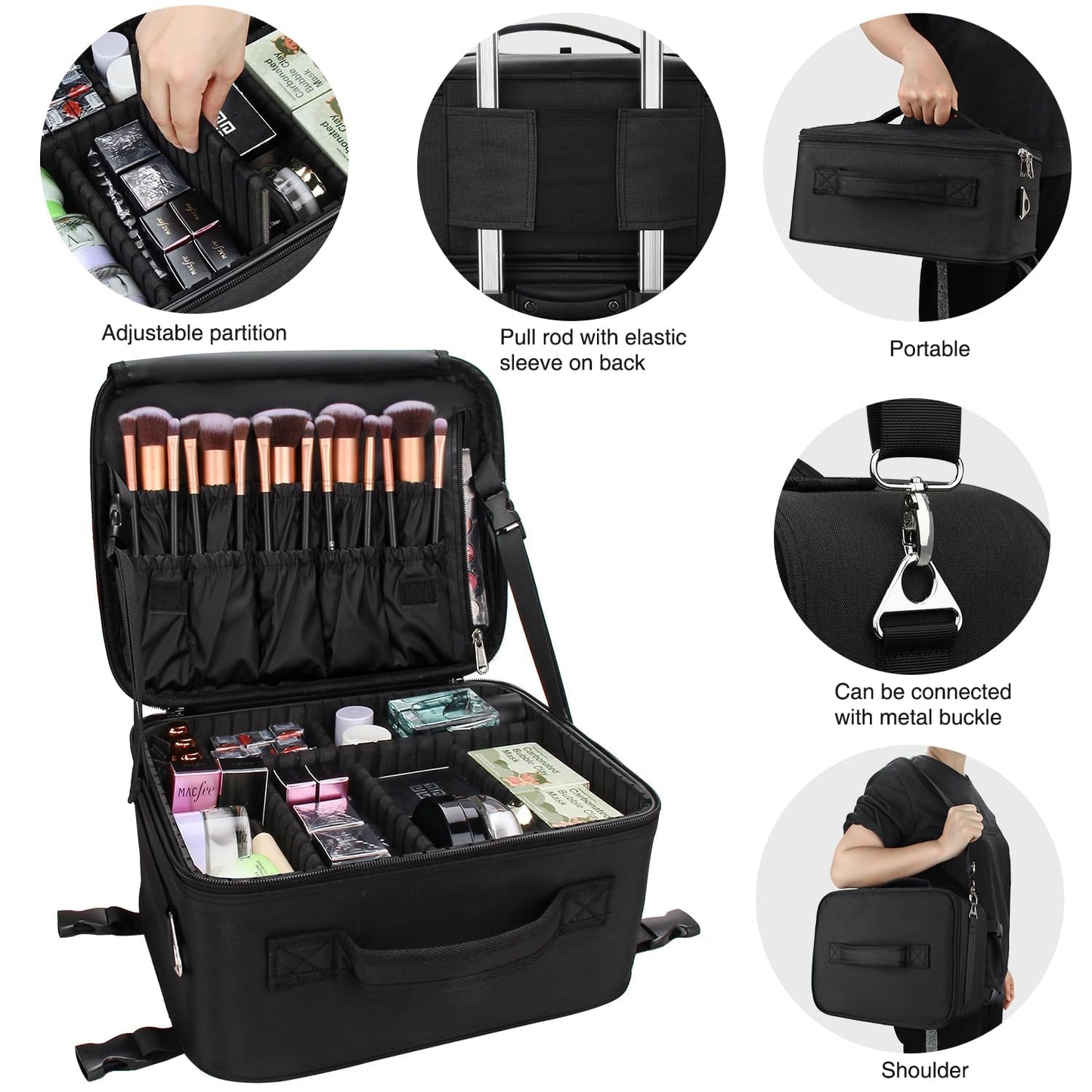 Relavel Rolling Makeup Case Professional Makeup Train Case Makeup Artist Travel Organizer 5 in 1 with Detachable Cosmetic Case and Dual Makeup Brush Case and Wheels (Black, 4-Pack)