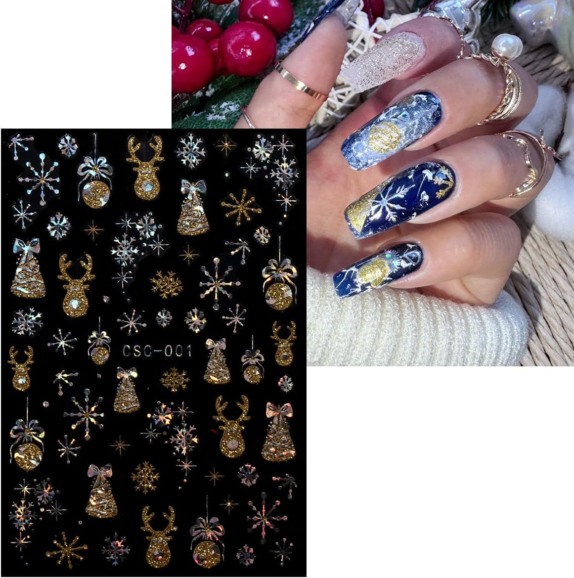 JMEOWIO 8 Sheets Christmas Gold Glitter Silver Nail Art Stickers Decals Self-Adhesive Snowflake Winter Holiday Nail Supplies Nail Art Design Decoration Accessories