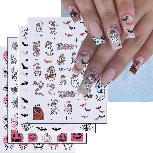 Halloween Nails Stickers Black Bat Nails Sticker 3D Embossed Pink Bats Self Adhesive Sticker Nail Decals Cute White Ghost Nail Art Decals Halloween Decals for Nail DIY Manicure 4Sheet