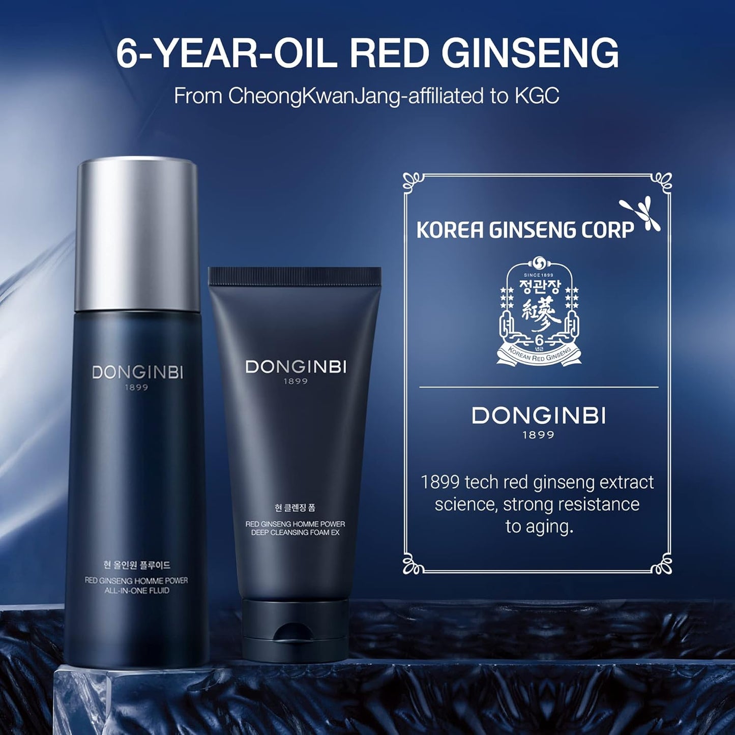 Donginbi Red Ginseng Homme All-in-One Special Set - Hydrating Korean Red Ginseng Essence(4.06 floz), Glycolic & Squalane Acid Face Wash, AHA Exfoliant, Korean Skin Care Set Gifts for Men