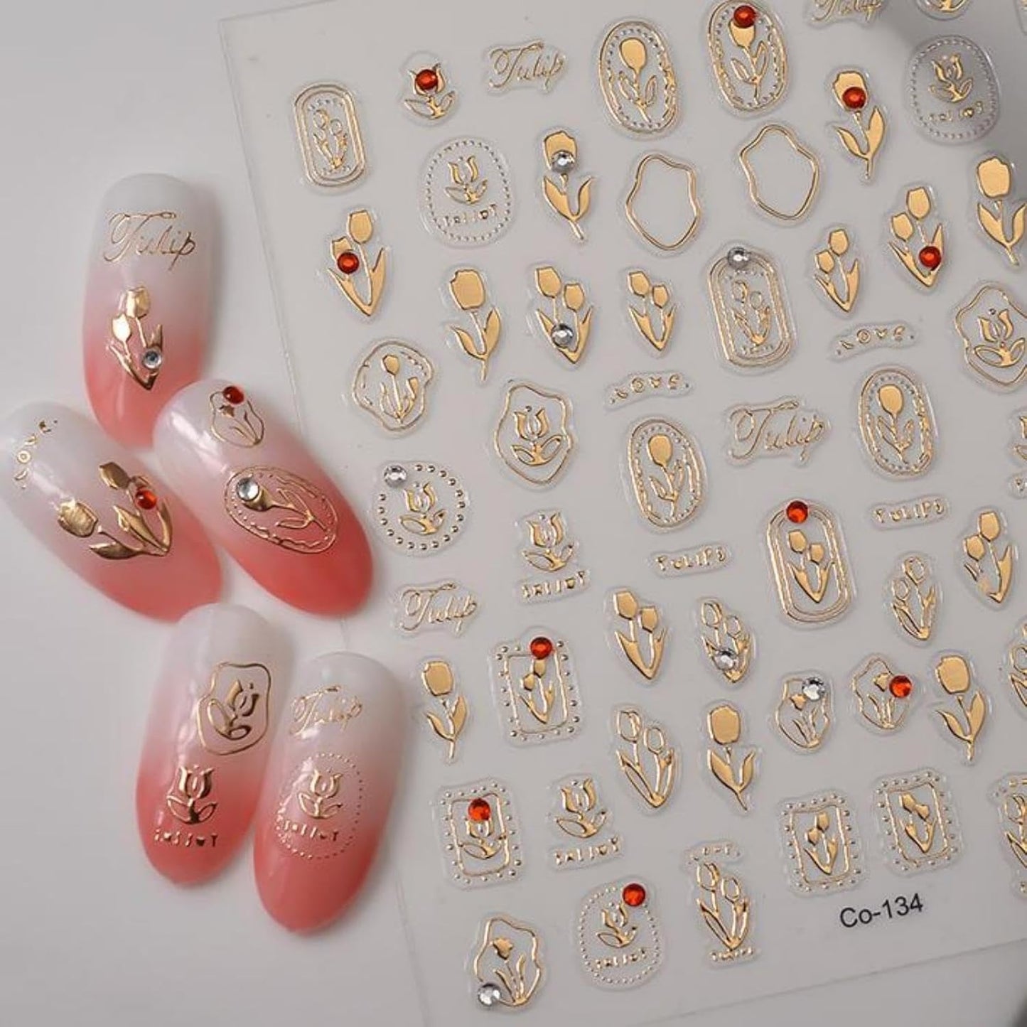 Gold Nail Stickers Flower Nail Decals for Nails Art Tulip Nail Art Stickers with Rhinestone Design 5D Embossed Self Adhesive Nail Decals for Women Girls Kid Manicure DIY Decoration Supply Charms