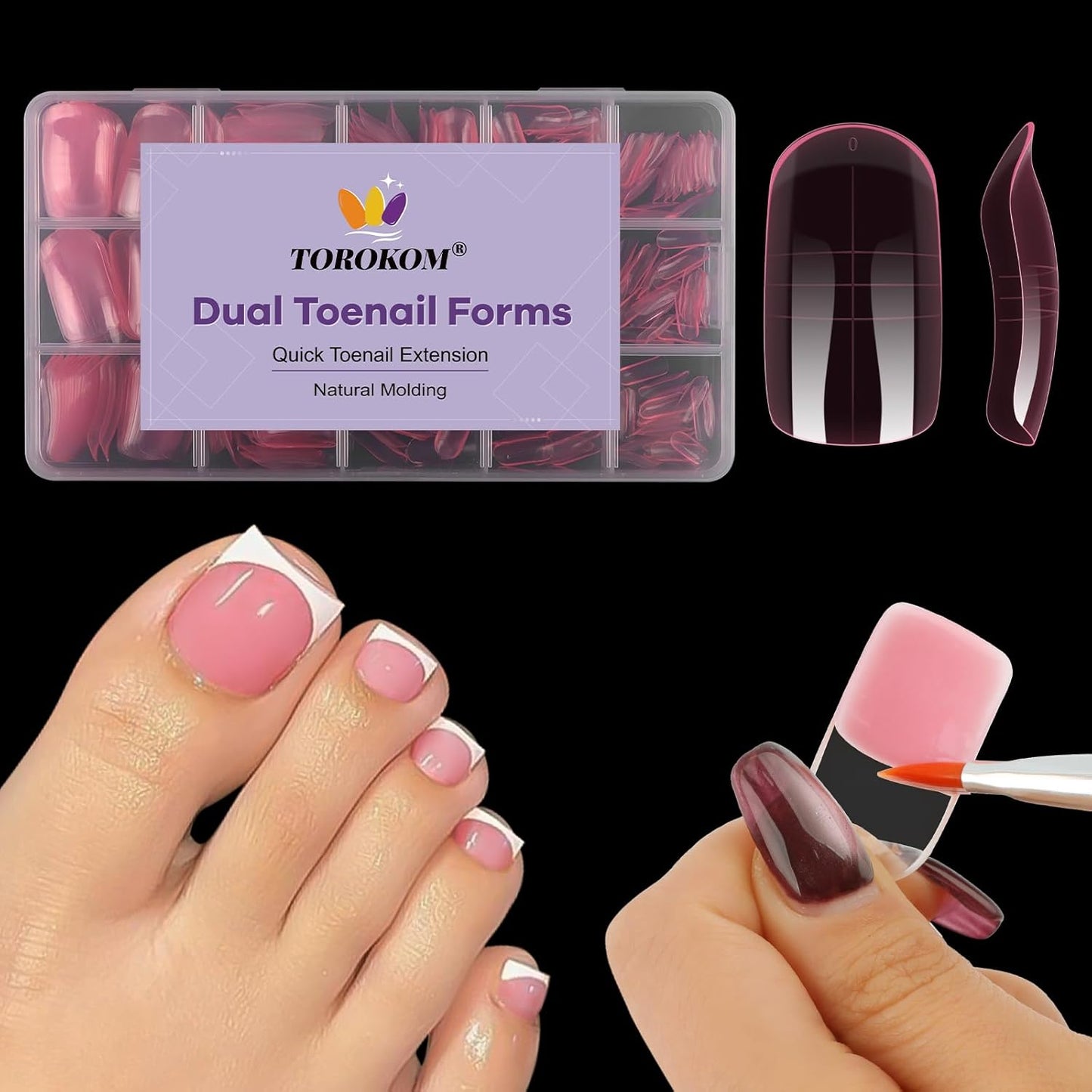 TOROKOM Toe Nail Forms for Poly Extension Gel, 300 Pcs Pink Toenail Dual Forms Reusable Full Cover Molds for Poly Gel French Tip Acrylic Toenails Pedicure for Salon & DIY at Home 15 Sizes