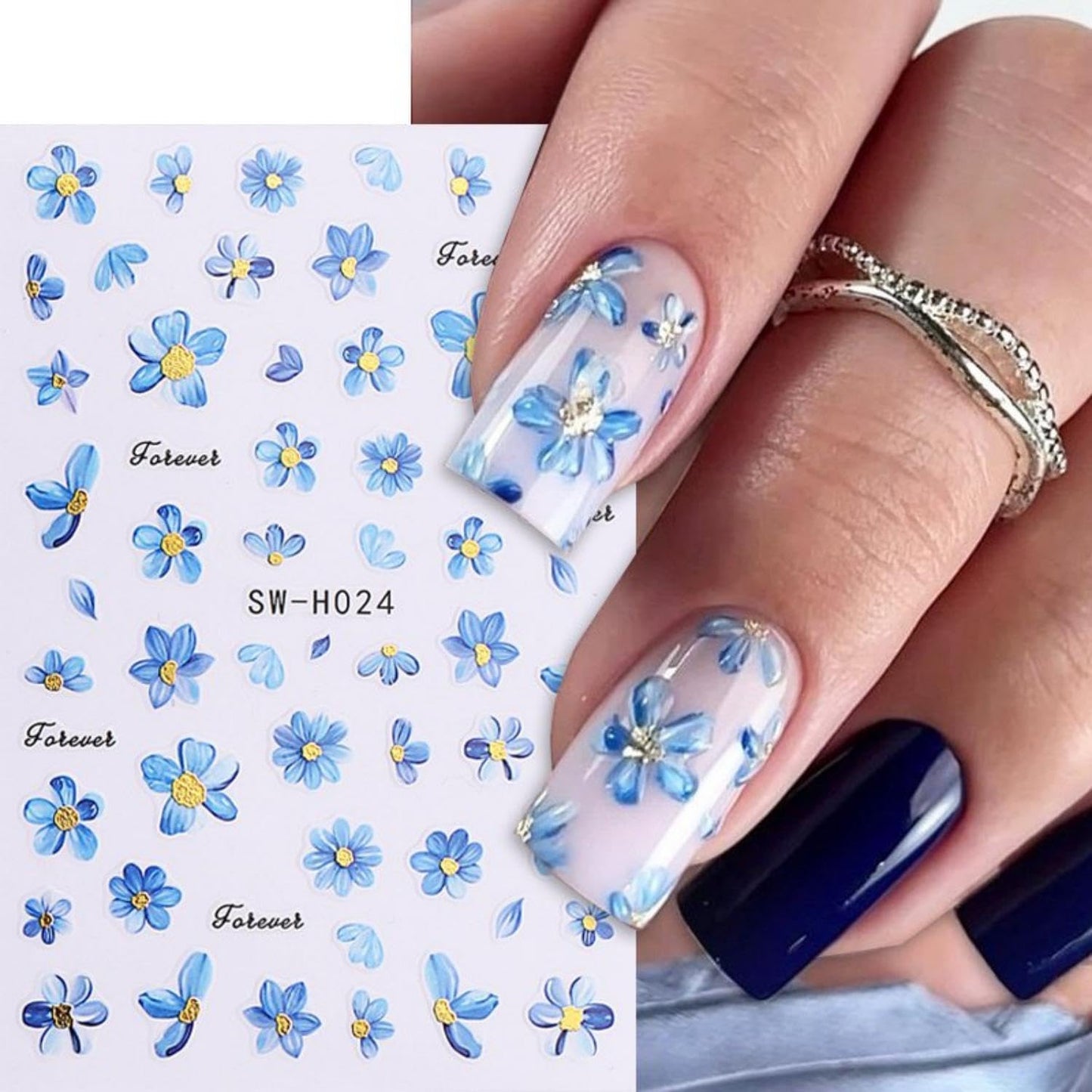 Flower Nail Art Stickers 3D Self-Adhesive Nails Sticker Butterfly Nail Art Decals Holographic Golden Floral Butterfly Nail Decal Decoration for Women Blue Blossom Manicure DIY Nail Sticker Supplies