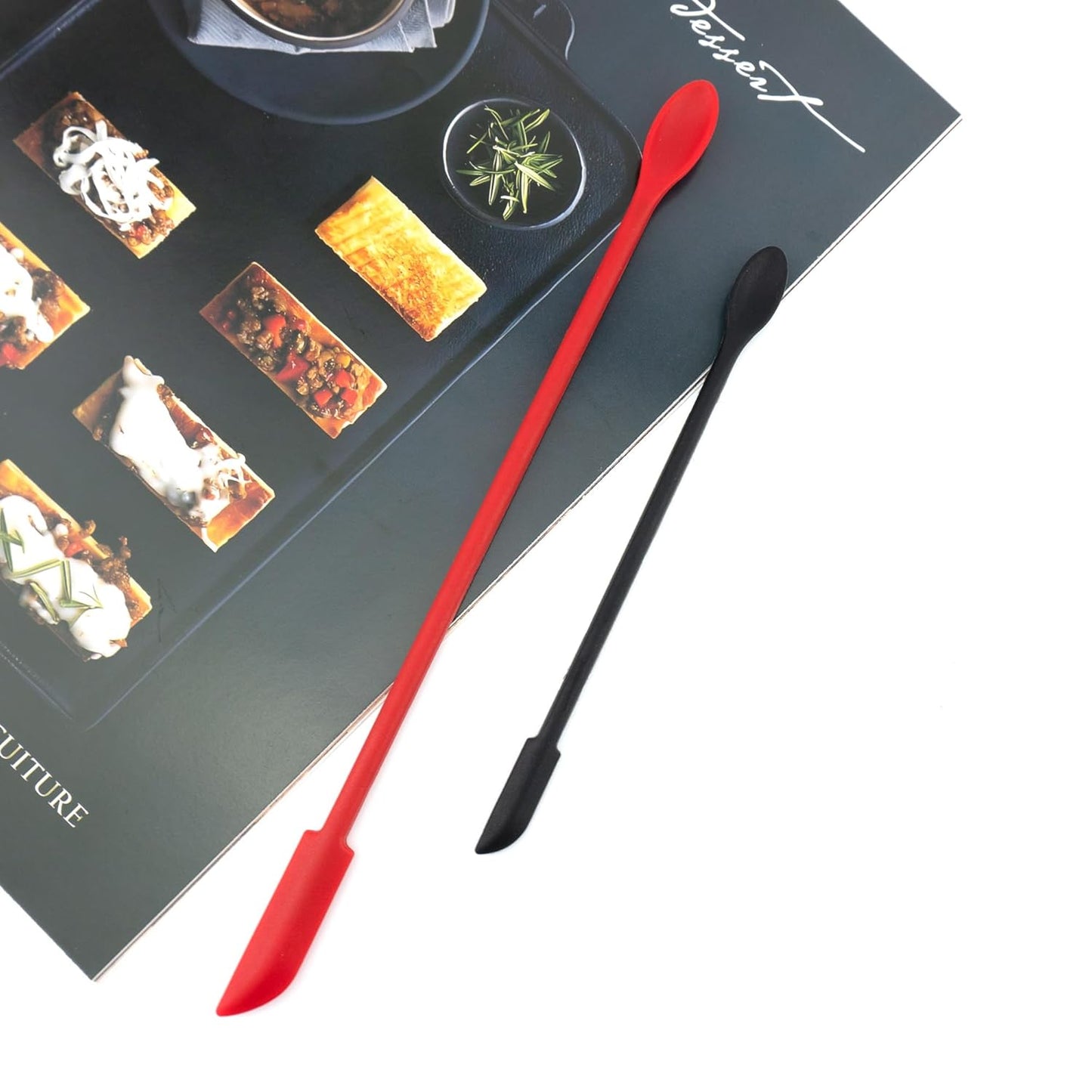 2 PCS Mini Makeup Spatulas, Flexible Silicone Beauty Spatula Reusable Thin Jar Scrapers for Cosmetic Bottles, Get Last of Makeup Out (Black and Red)