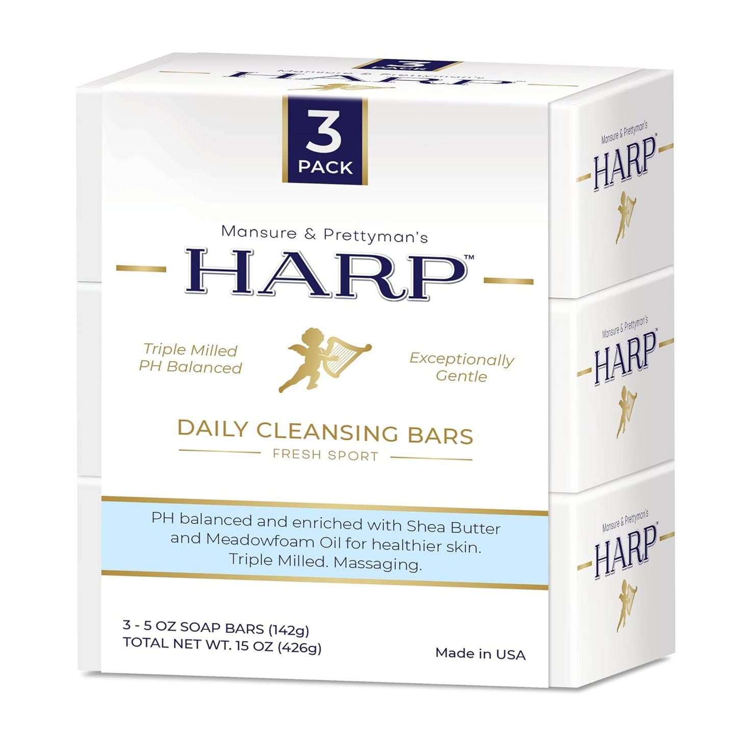 HARP pH-Balanced (5.0-6.0) Body Wash Bar. ZERO saponified oils. Protects Moisture Barrier. Gentle for Sensitive/Dry skin. + Shea Butter/Borage Oil. Non-Comedogenic. FRESH SPORT Fragrance.