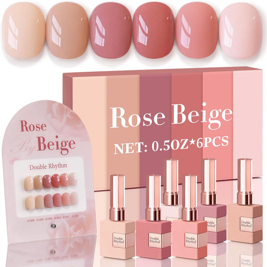 Double Rhythm 6 Pcs 15 ML Gel Polish Set Same Color Same Bottle Soak Off Gel Polish Kit Nail Art Manicure Salon DIY at Home for Women (Rose Beige Nude Cream Rose Coral-T6-20)