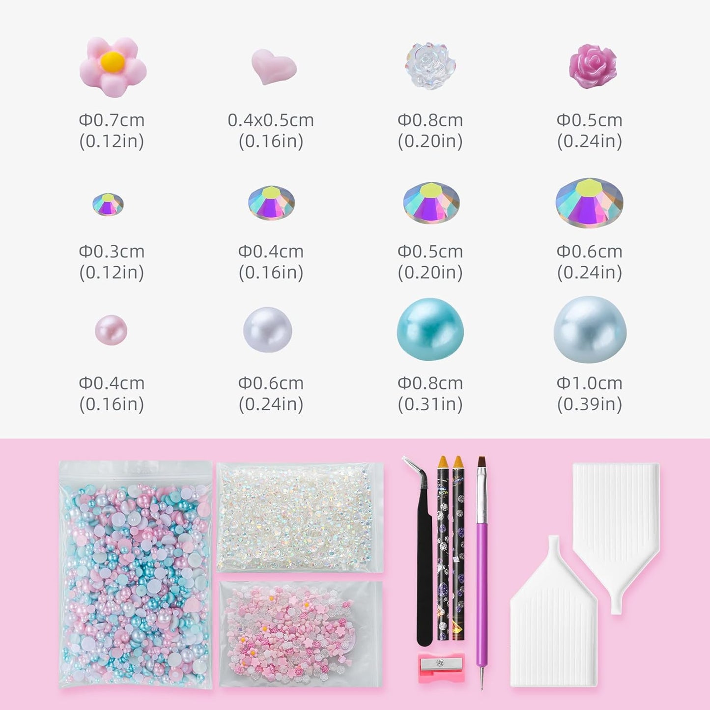 160g Cyan Pink Flat Back Pearls Rhinestones for Crafts Mixed Size 3mm-10mm AB Color Round Half Pearls Flatback Pearl Beads and Resin Rhinestones Set for Face Art