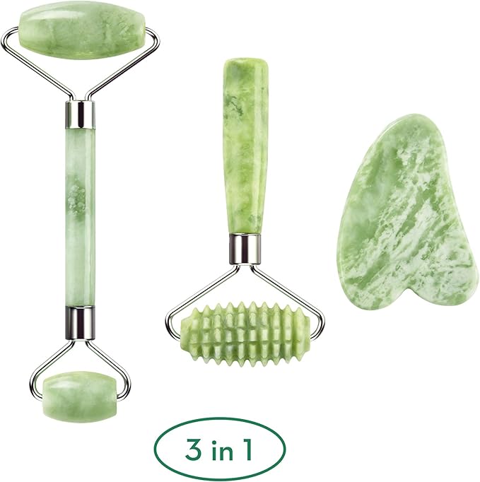 kimkoo Jade Roller and Gua Sha for Face-3 in 1 Kit with Facial Massager Tool,100% Real Natural Jade Stone Anti Aging,Face Beauty Set for Eye Anti-Wrinkle