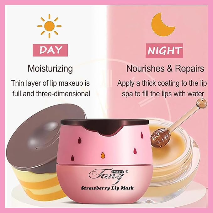 1 PCS Bee Lip Balm Lip Mask Honey Pot, Strawberry Moisturizing Sleeping Lip Mask Overnight with Sticks, Lip Balm Honey Pot Lip Balm Hydrating Prevention Dry and Crack Lip Scrubs Exfoliator