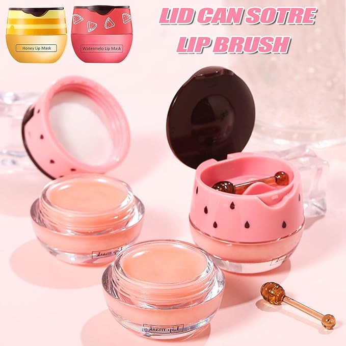 3 PCS Bee Lip Balm Honey Pot, Honey&Strawberry&Watermelon Lip Sleeping Mask Hydrating Prevention Dry and Cracked Lip Scrubs Exfoliator Lip Care, Overnight Lip Mask Reduces Lip Lines