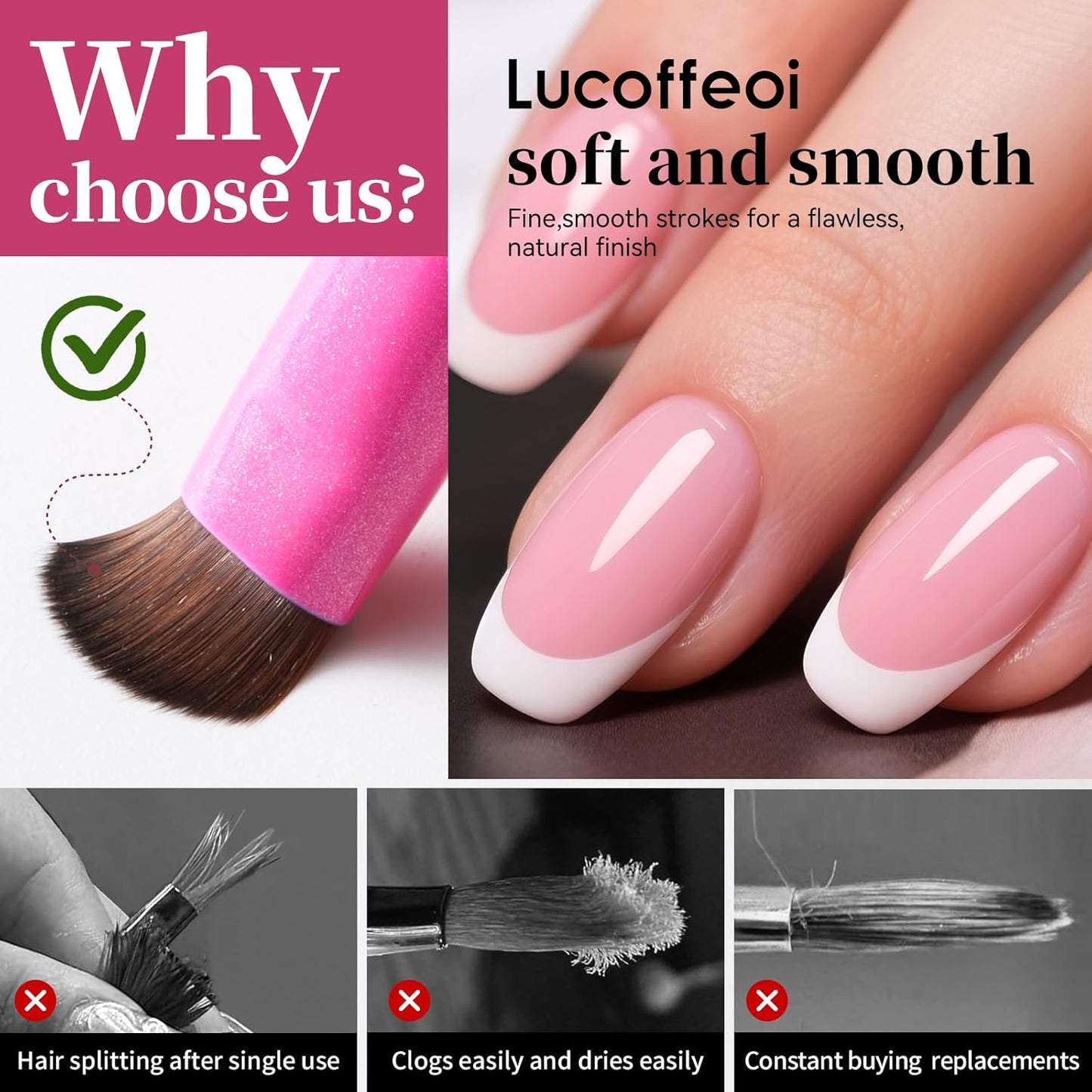 Nail Brush for French Tip, Nail Cleaning Brush for Gel & Acrylic - Professional Kolinsky Sable French Manicure Brush, Thin Nail Art Brush for Precise Clean Up & Polygel Application (Pink, F18)