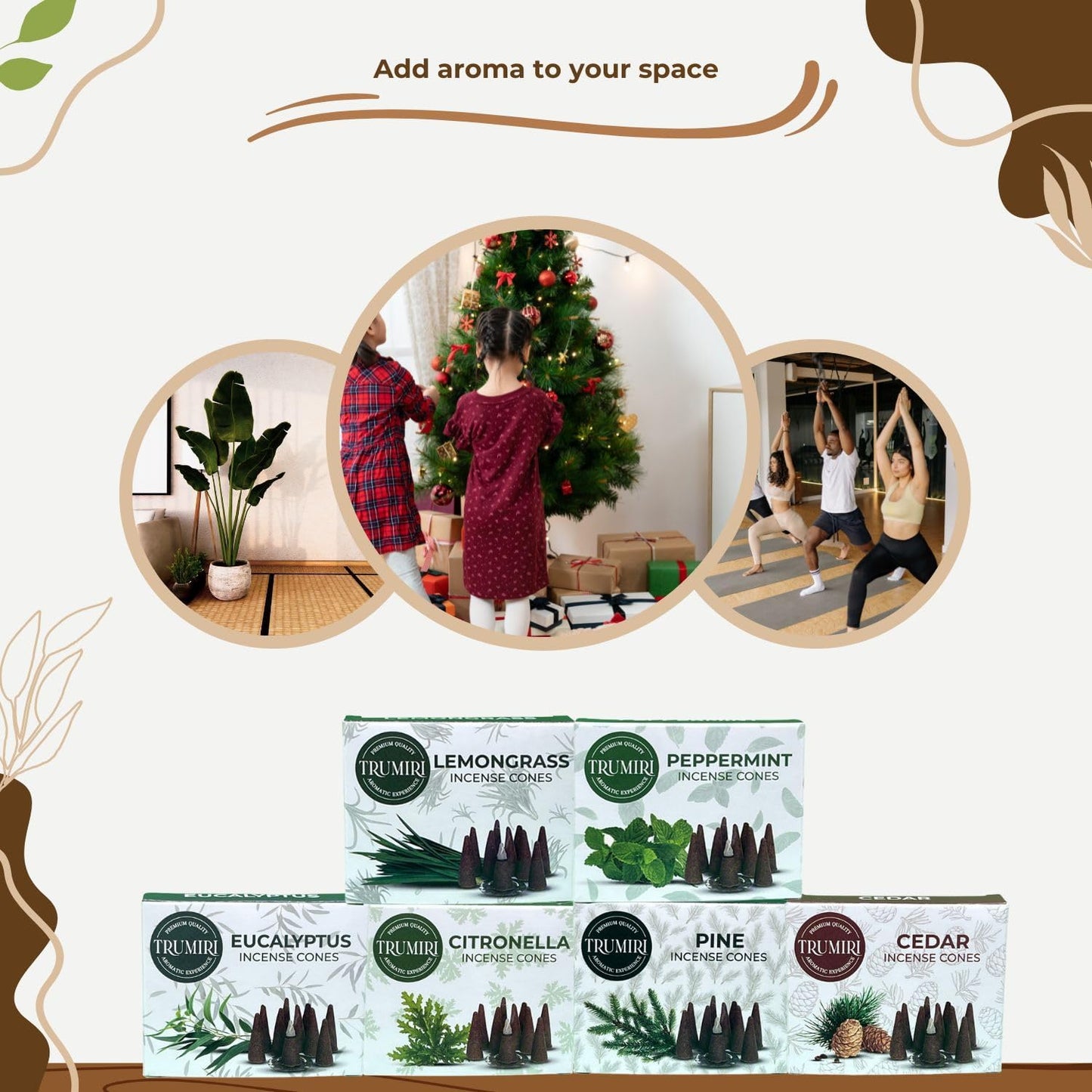 TRUMIRI Leafy Incense Cones - Variety Pack - Total 60 Cone Incense (6 Scents x 10 Conos) - Citronella Lemongrass Eucalyptus Peppermint Cedar Pine - Cone Incense Scents - Insense Cones - Incent Cone