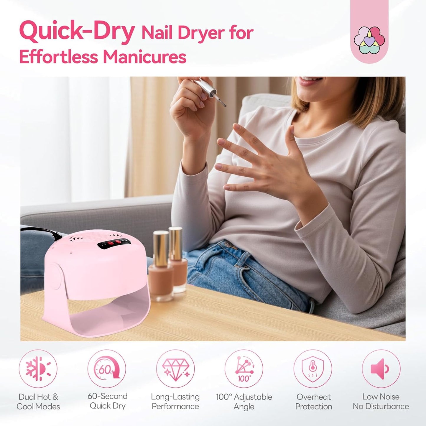 SAVILAND Essentials 600W Nail Dryer: Pink 6X Fast Drying Nail Polish Dryer for Regular Polish Nail Dryer with Adjustable Angle Fingernail Dual Heating & Cooling Modes Dry Nail Dehydrator for Gel