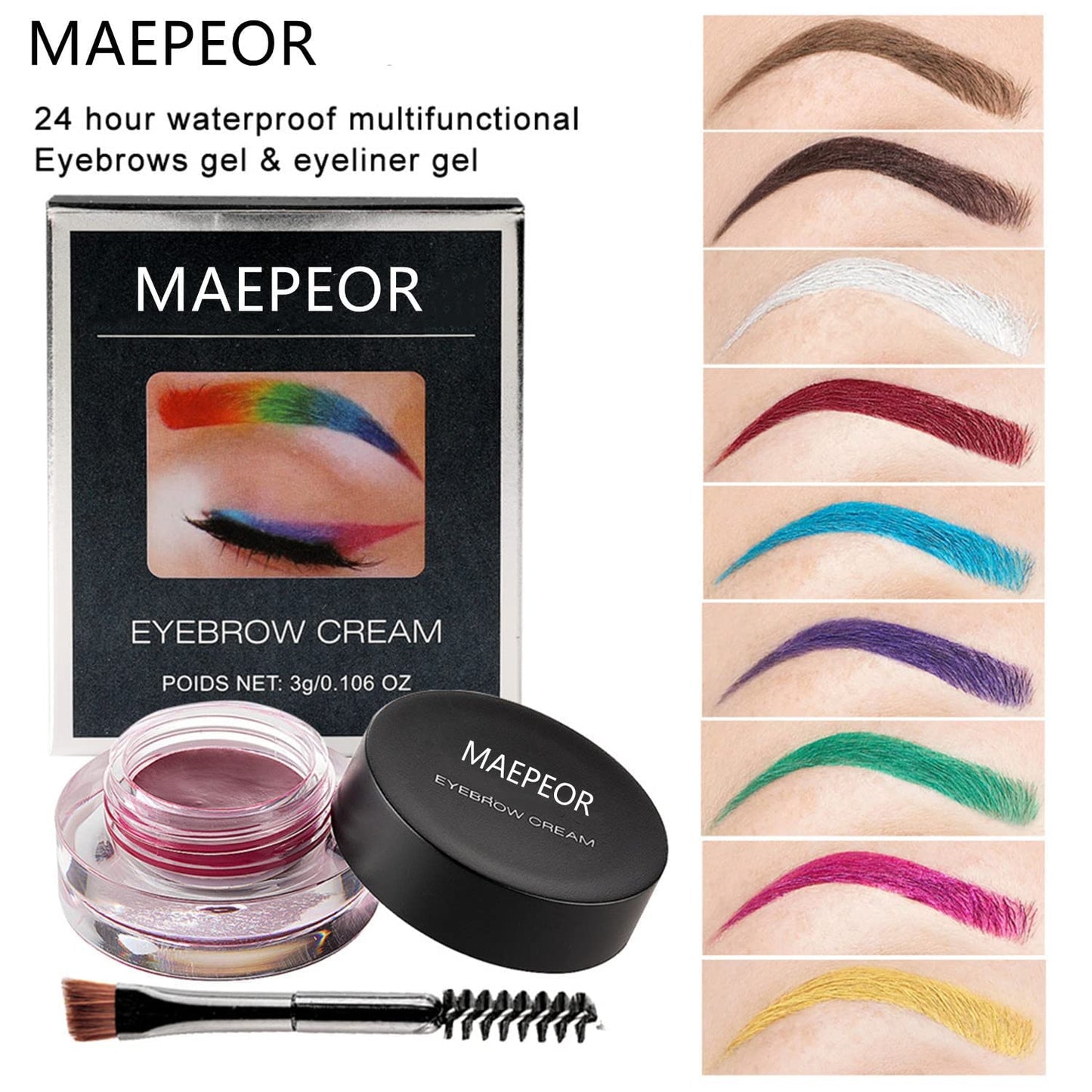MAEPEOR 12 Colors Eyebrow Pomade - Full-pigmented, Long Lasting Waterproof Eyebrow Cream Gel Filling & Shaping Tinted Enhancers with Brush for Daily or Cosplay (05 White Out)