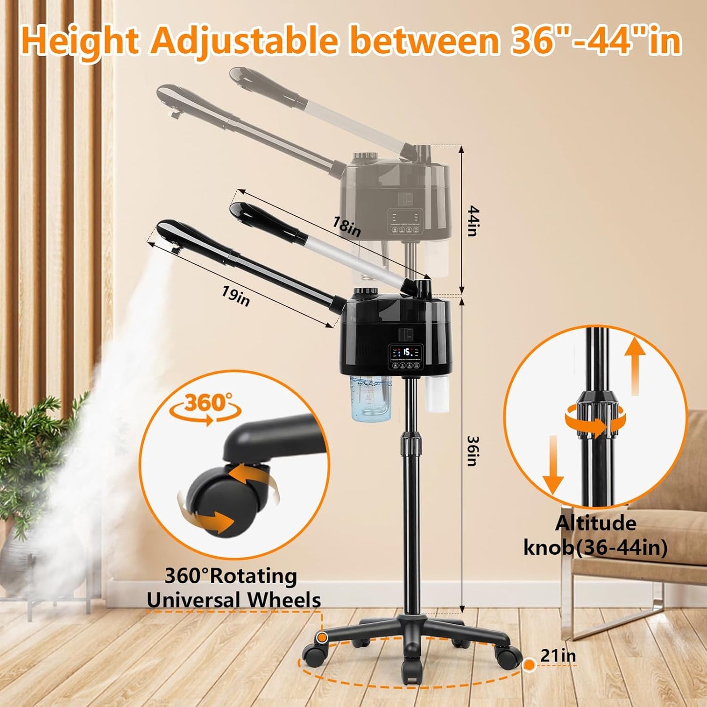 Professional Facial Steamer with Ozone and Hot & Cold Mist, Esthetician Steamer on Wheels, Face Humidifier for Facial Deep Cleaning, Digital Facial Steamer for Home and Salon, Black