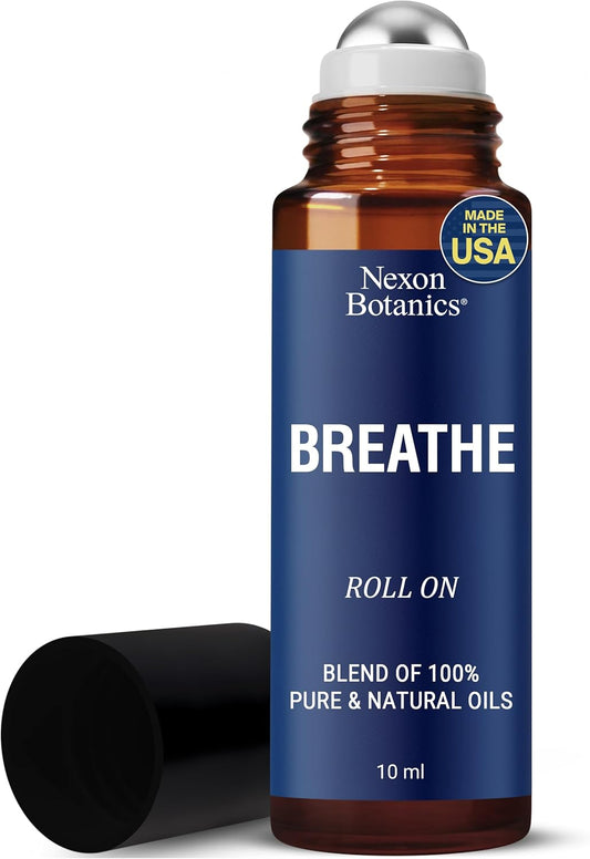 Breathe Essential Oil Roll-On Blend 10 ml - Pure Eucalyptus, Peppermint & Rosemary Oils Roller for Clear Breathing & Respiratory Support - Nexon Botanics