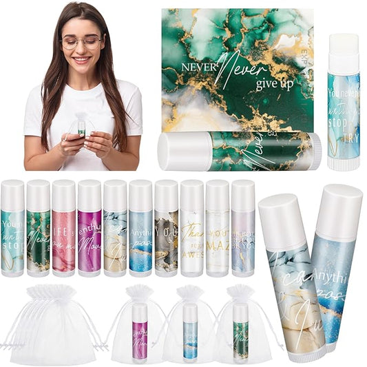 50 Sets Inspirational Lip Balm Gifts Moisturizing Lip Balm Bulk Thank You Lipstick for Guest 5 Flavors Marble Style Lip Balm with Organza Bags for Family Reunion Favor Women Stocking Gift Stuffers