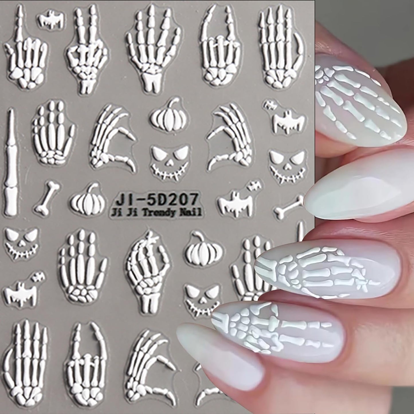 Halloween Nail Art Stickers Decals 5D Skeleton Hand Nail Decals 3PCS Embossed Self-Adhesive Spooky White Rose Gold Skull Design Gothic Holiday Nail Charms for Women DIY Manicure Accessories Supplies