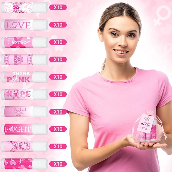 100 Set Pink Ribbon Breast Cancer Awareness Gifts Bulk, 100 Lip Balms, 100 Organza Gift Bags and 100 Tags Perfect for Charity Events, Survivors Awareness Campaigns