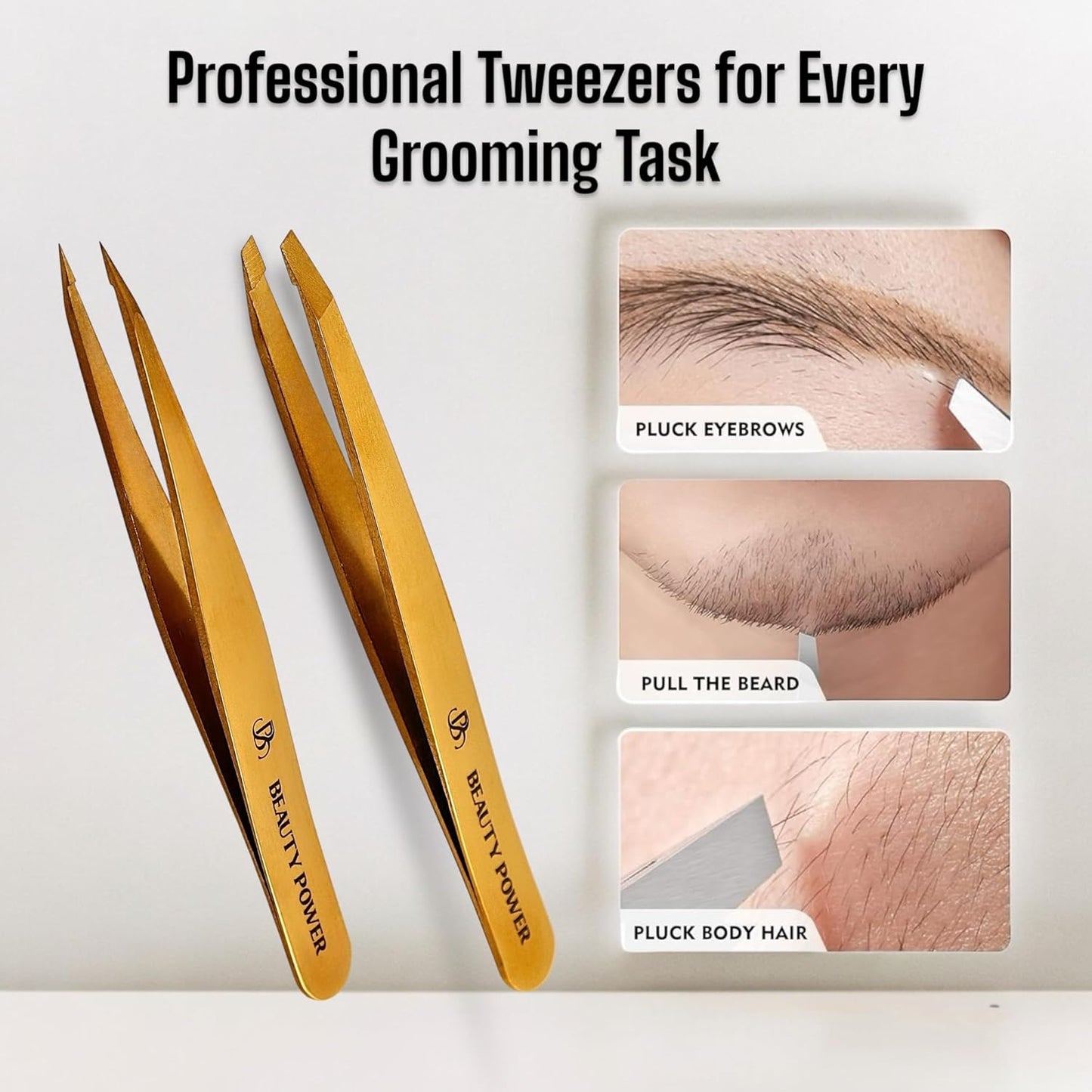 Professional Tweezers Set – Slant & Point, Ultra Precision German Stainless Steel Tweezers for Eyebrows, Chin, Ingrown Hair & Facial Grooming – Lightweight with Travel Case (Matte Gold)