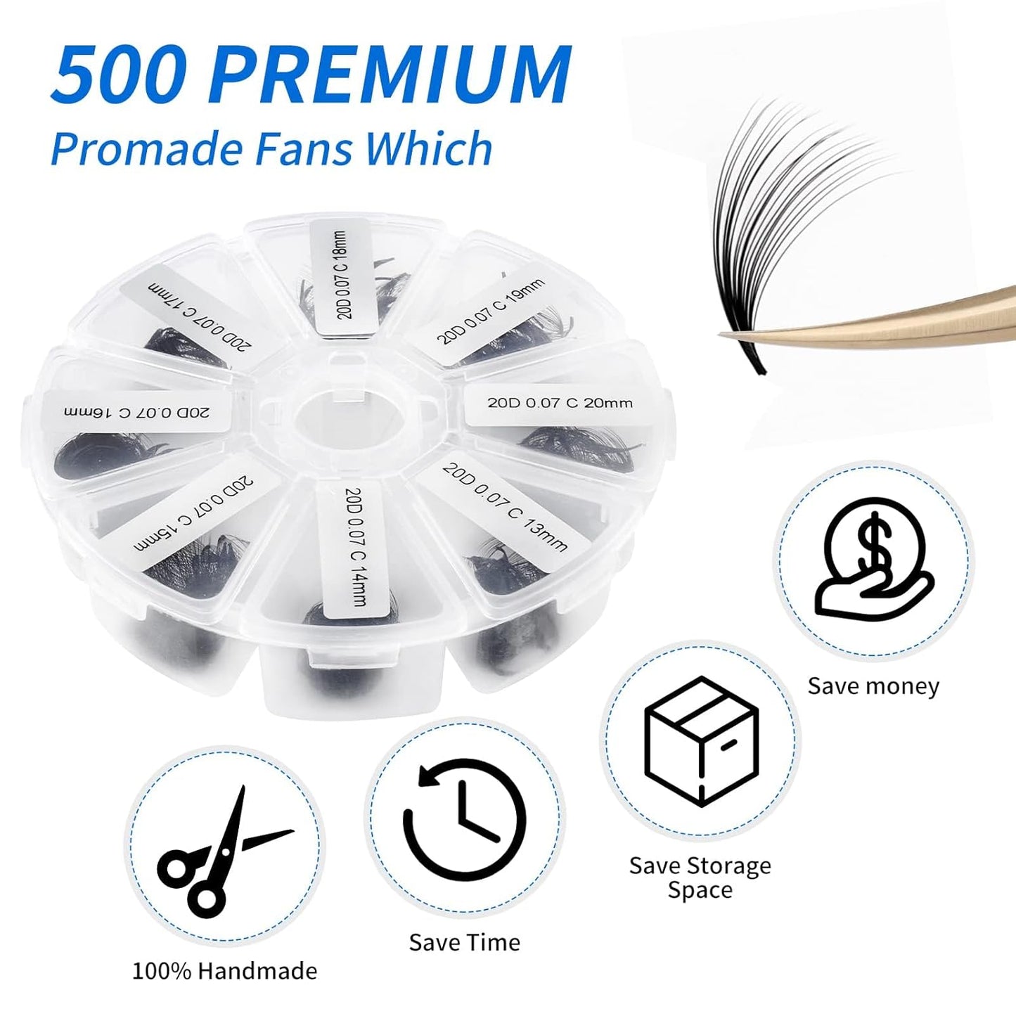 Premade Fans Eyelash Extension 500 Fans 20P Loose Volume Lashes D Curl Pre-made Fans 9-16mm