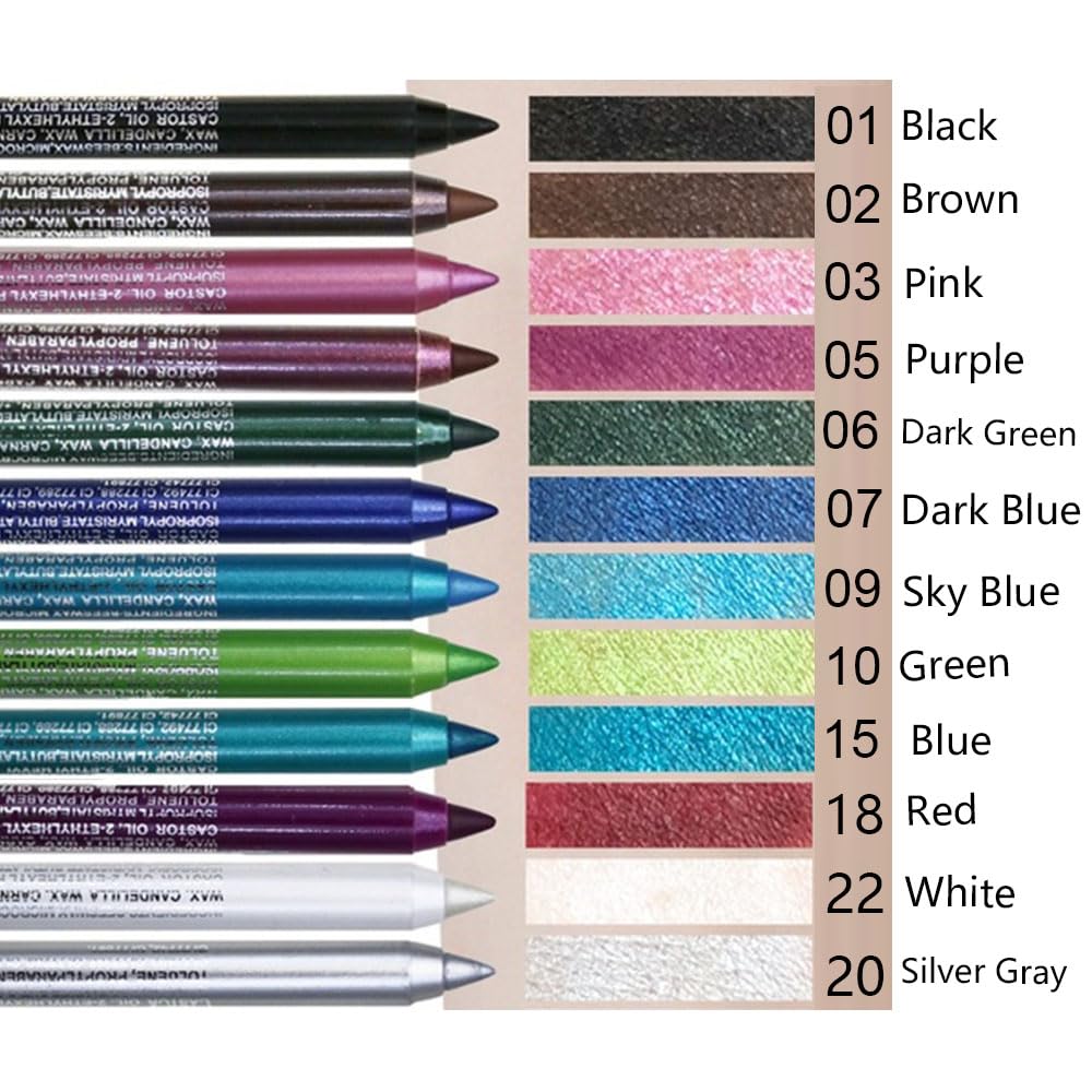 Kaely 12Pcs Glitter Gel Eyeliner Pencil Set for Women, Color Eye Liner Waterproof Smudge Proof with Sharpener, High Pigmented Eye Makeup Liners, lapiz de ojos delineador de ojos contra el agua, 01