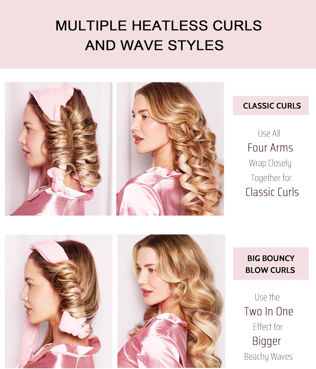 Heatless Hair Curler Curls Overnight Rods No Heat Hair Curlers to Sleep in, Soft Heatless Curling Ribbon Set with Clip Hair Rollers for Blowout Look Long Short Hair, Mulberry