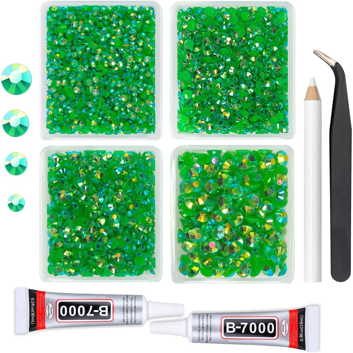 Green AB Resin Rhinestones w B7000 Jewelry Glue for Bedazzling Crafting 3mm 4mm 5mm 6mm Flatback Jelly Stones Bulk SS10 SS16 SS20 SS30 Diamonds Gems Charms for Nails Face Makeup Tumblers Crafts