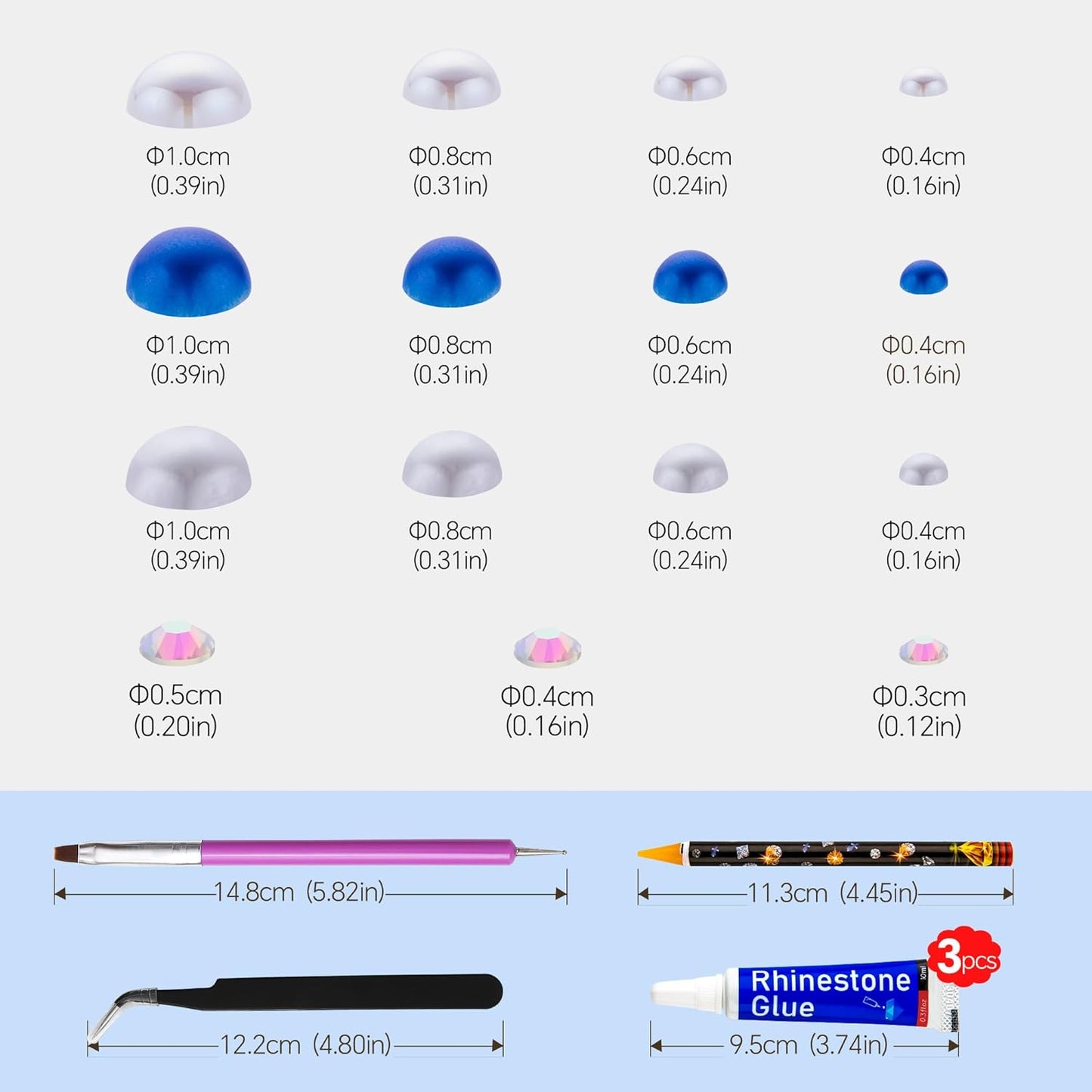 60g Cyan Blue Flat Back Pearls Rhinestones for Crafts Mixed Size 3mm-10mm AB Color Round Half Pearls Flatback Pearl Beads and Resin Rhinestones Set for Face Art with Glue