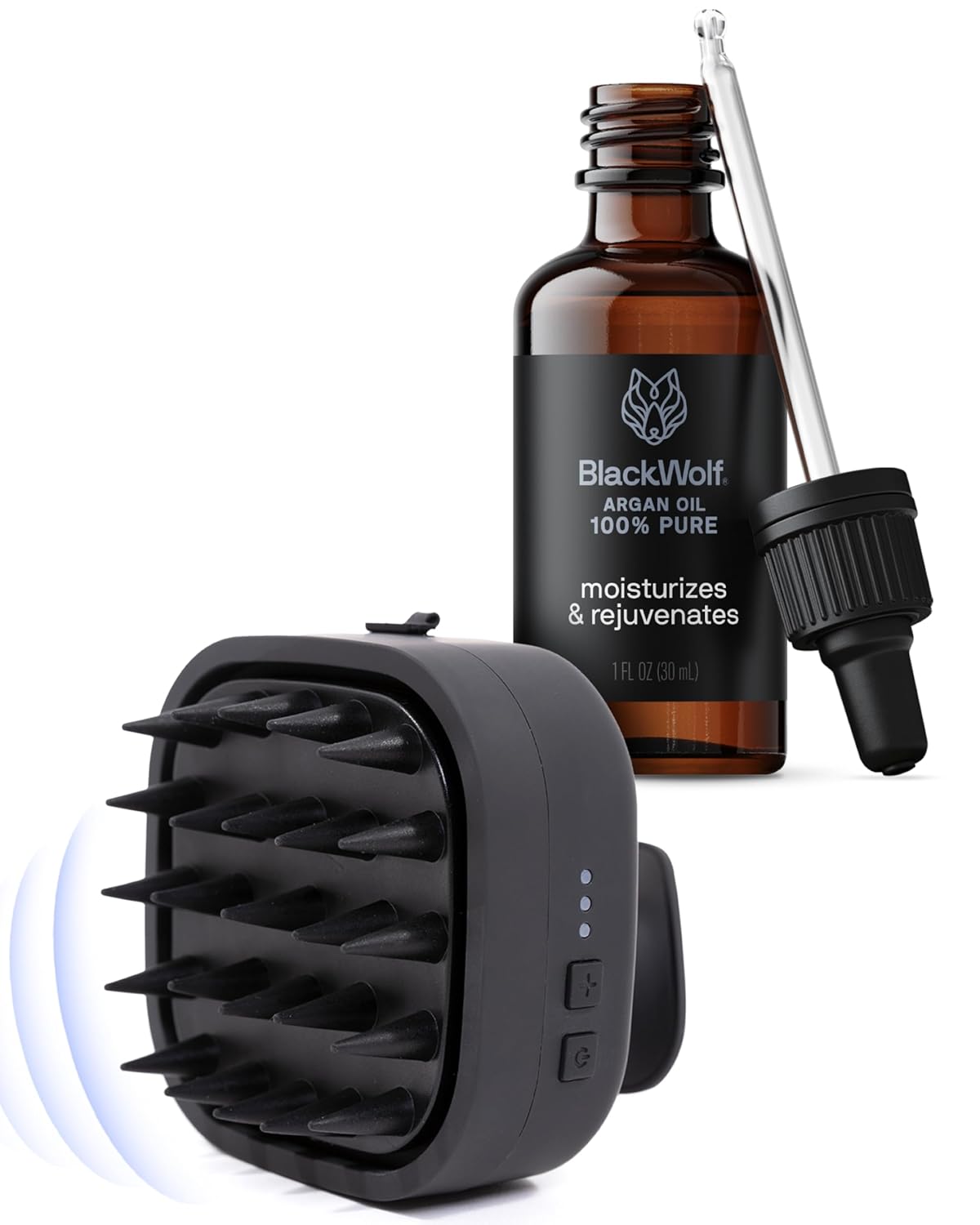Black Wolf Sonic Scalp Head Massager & 100% Pure Argan Oil Bundle - Hair Care Products for Healthy Looking Hair & Scalp - Men's Shower & Bathroom Essentials Set